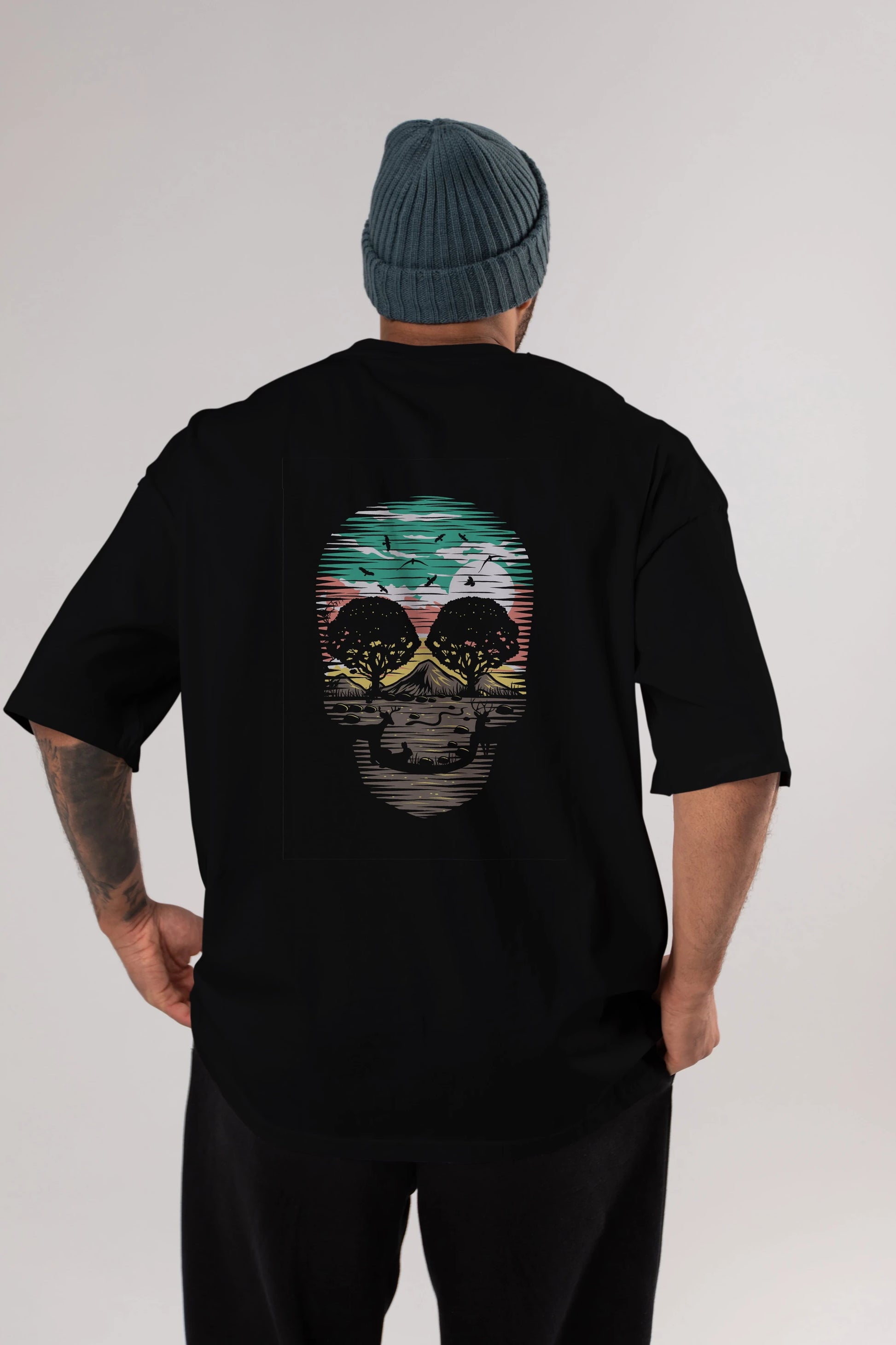 Skull Nature Arka Baskılı Oversize t-shirt %100 pamuk Erkek Kadın Unisex