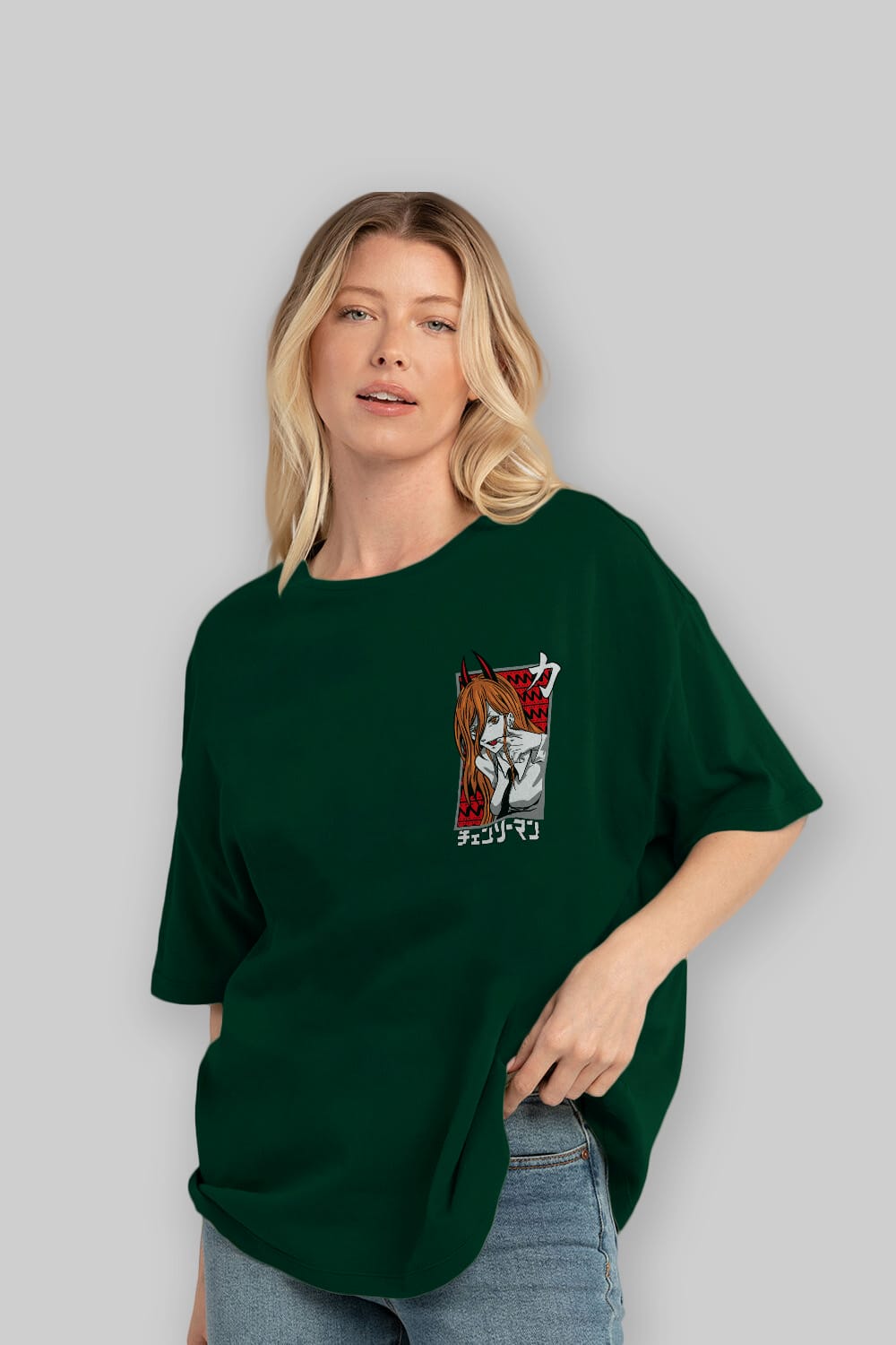 CHAINSAWMAN POWER Ön Sol Baskılı Oversize t-shirt Erkek Kadın Unisex %100 Pamuk Bisiklet Yaka tişort