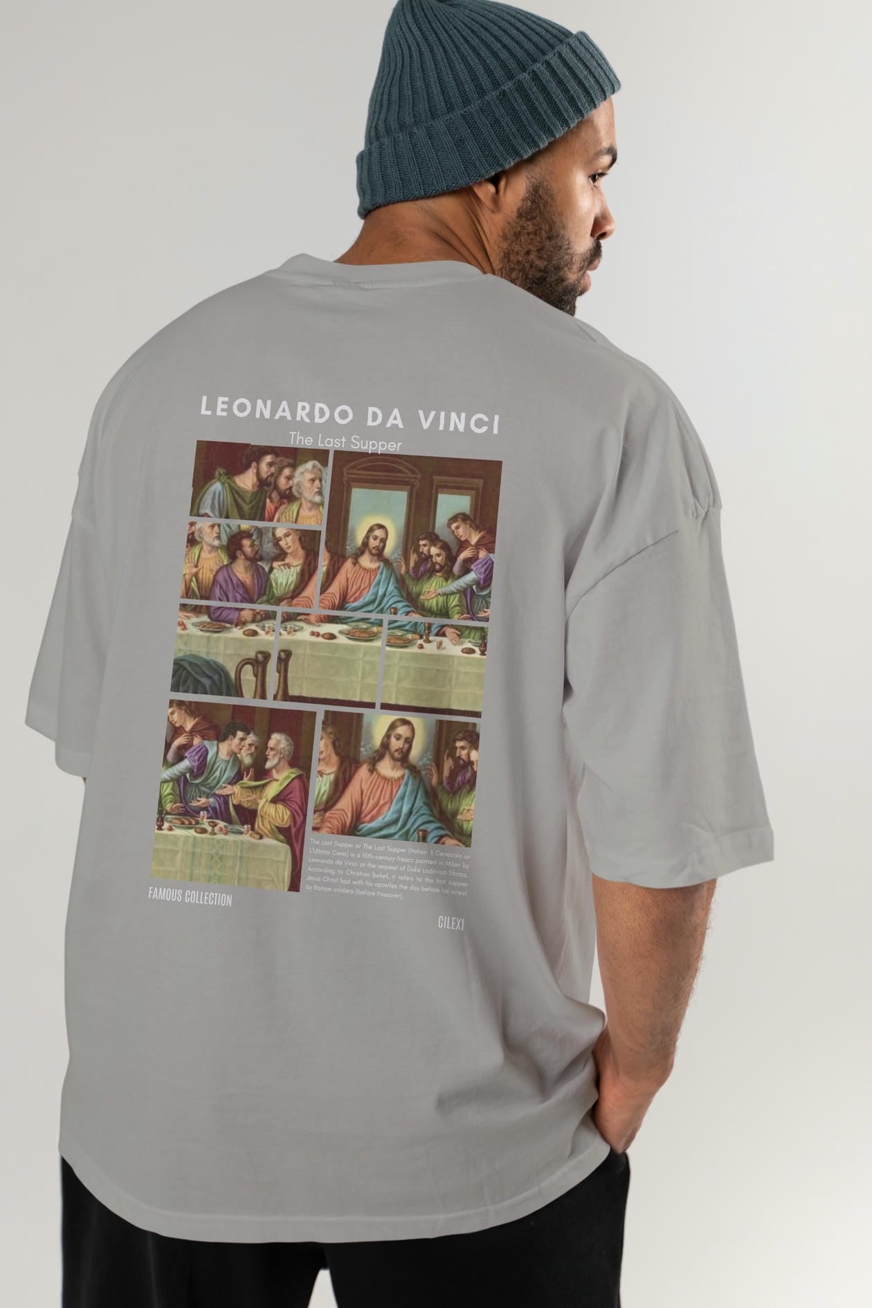 Leonardo Da Vinci Arka Baskılı Oversize t-shirt Erkek Kadın Bisiklet Yaka Pamuk tişort