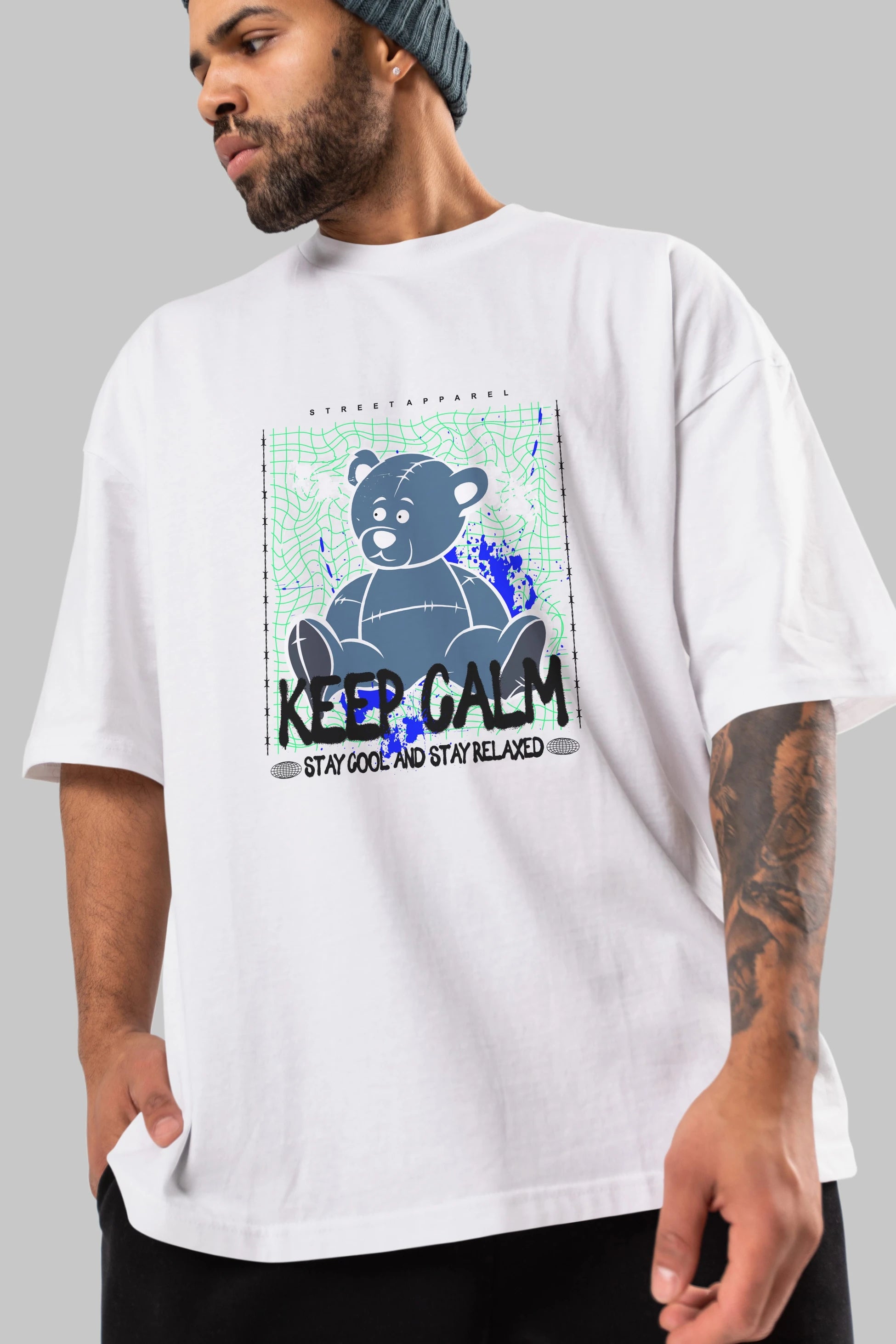 Keep Calm Bear Ön Baskılı Oversize t-shirt Erkek Kadın Unisex