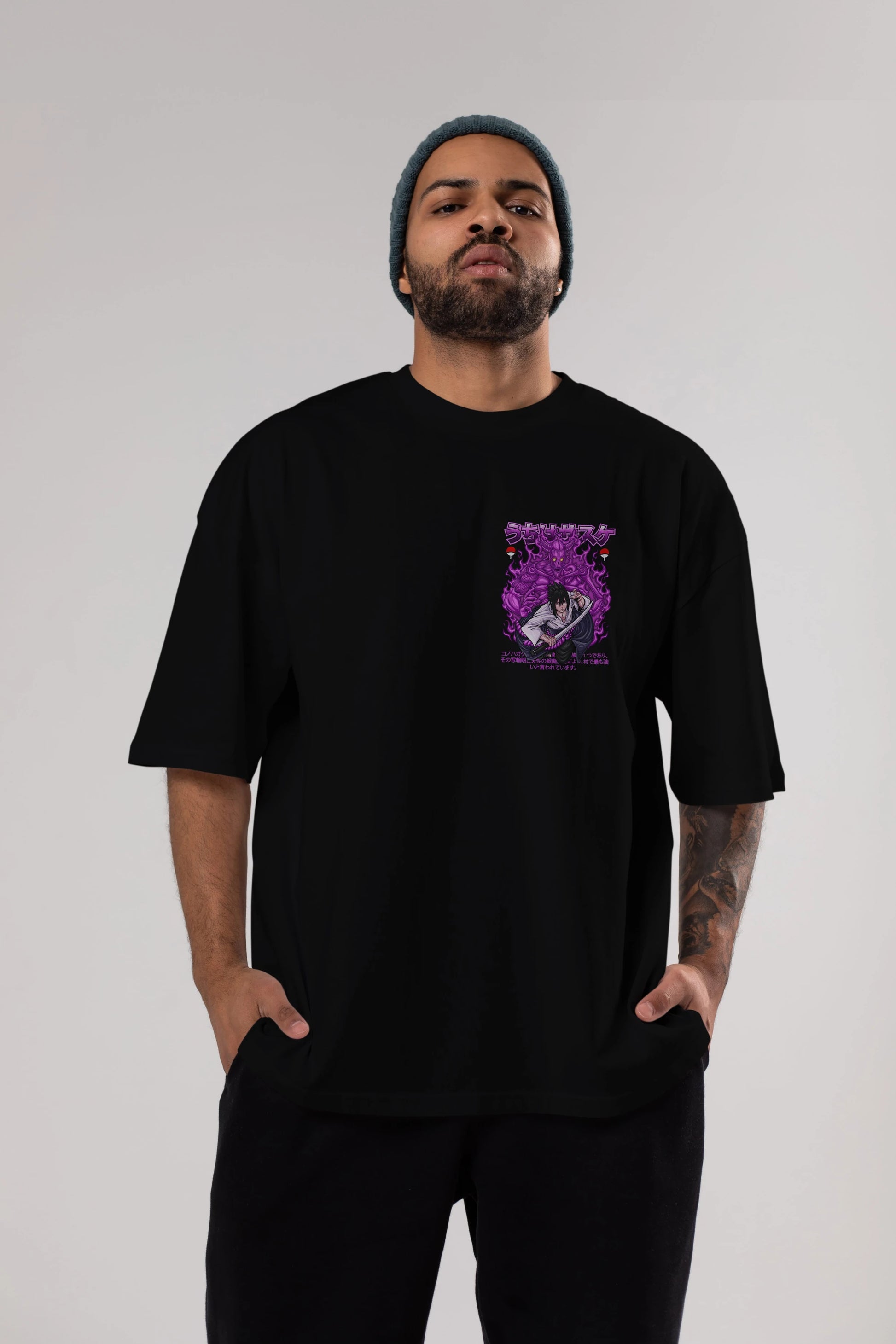 SASUKE UCHIHA NARUTO Ön Sol Baskılı Oversize t-shirt Erkek Kadın Unisex %100 Pamuk Bisiklet Yaka tişort