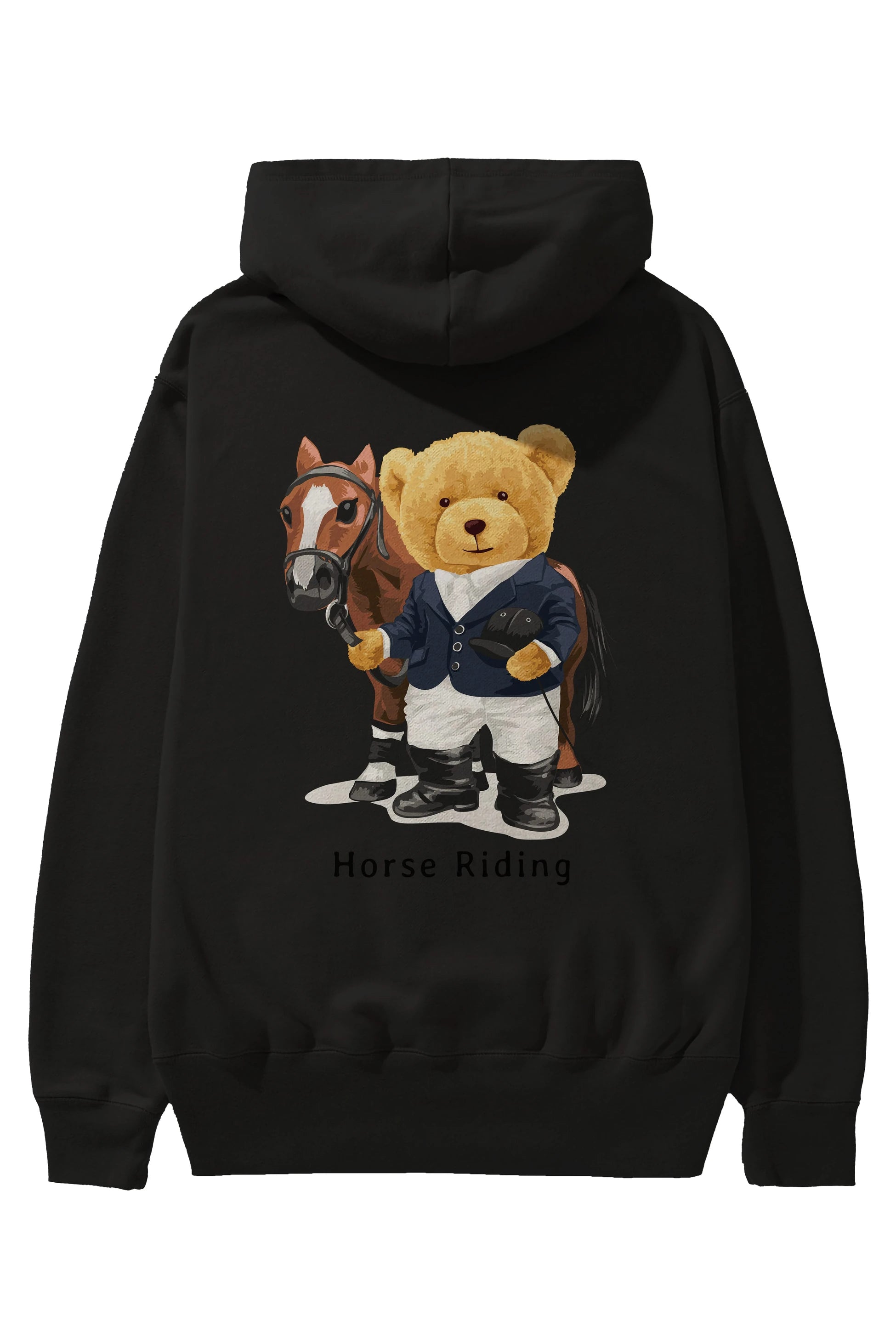 Teddy Bear Horse Riding Arka Baskılı Hoodie Oversize Kapüşonlu Sweatshirt Erkek Kadın Unisex