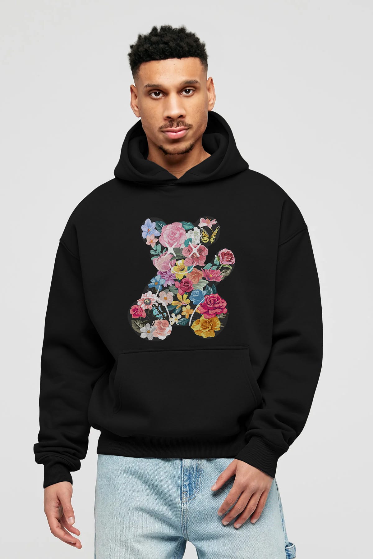 Flowers Bear Ön Baskılı Hoodie Oversize Kapüşonlu Sweatshirt Erkek Kadın Unisex