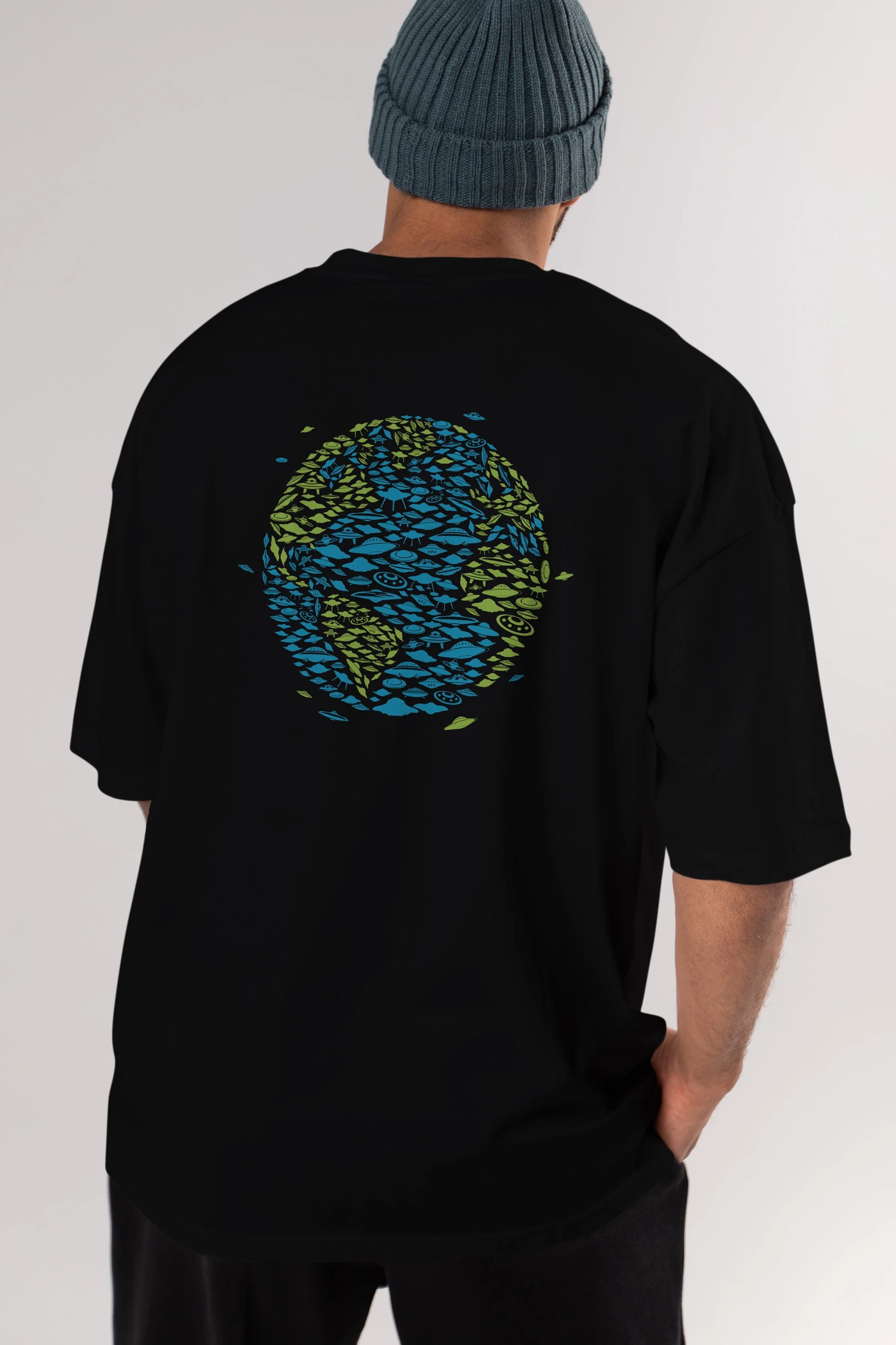 UFO Invasion Arka Baskılı Oversize t-shirt %100 pamuk Erkek Kadın Unisex