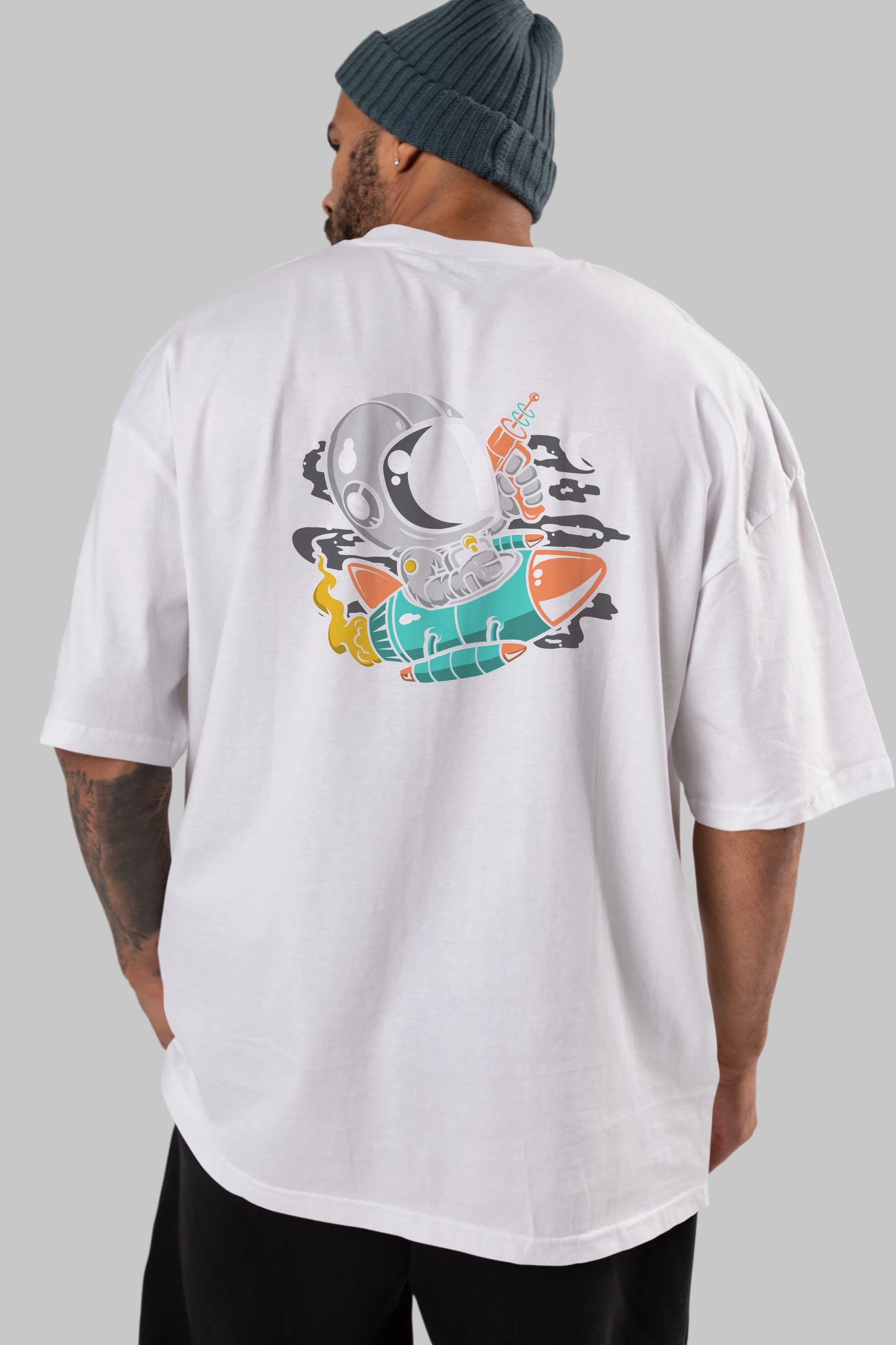 Astronaut Riding Rocket Arka Baskılı Oversize t-shirt Erkek Kadın Unisex