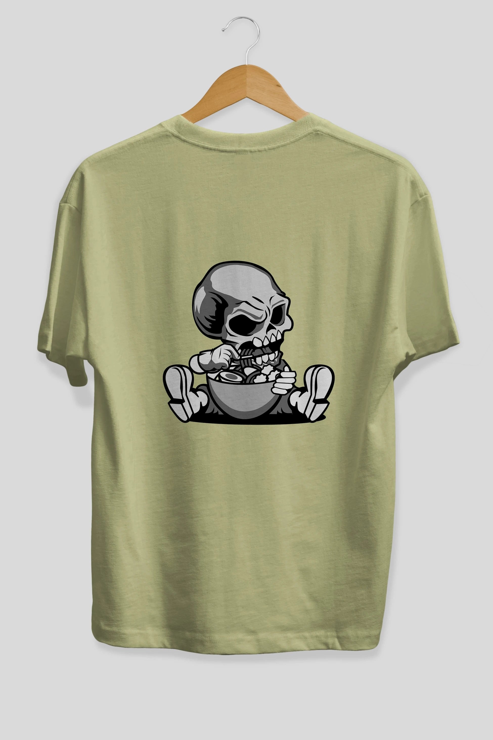 Skull Eat Ramen Arka Baskılı Oversize t-shirt Erkek Kadın Unisex %100 Pamuk tişort