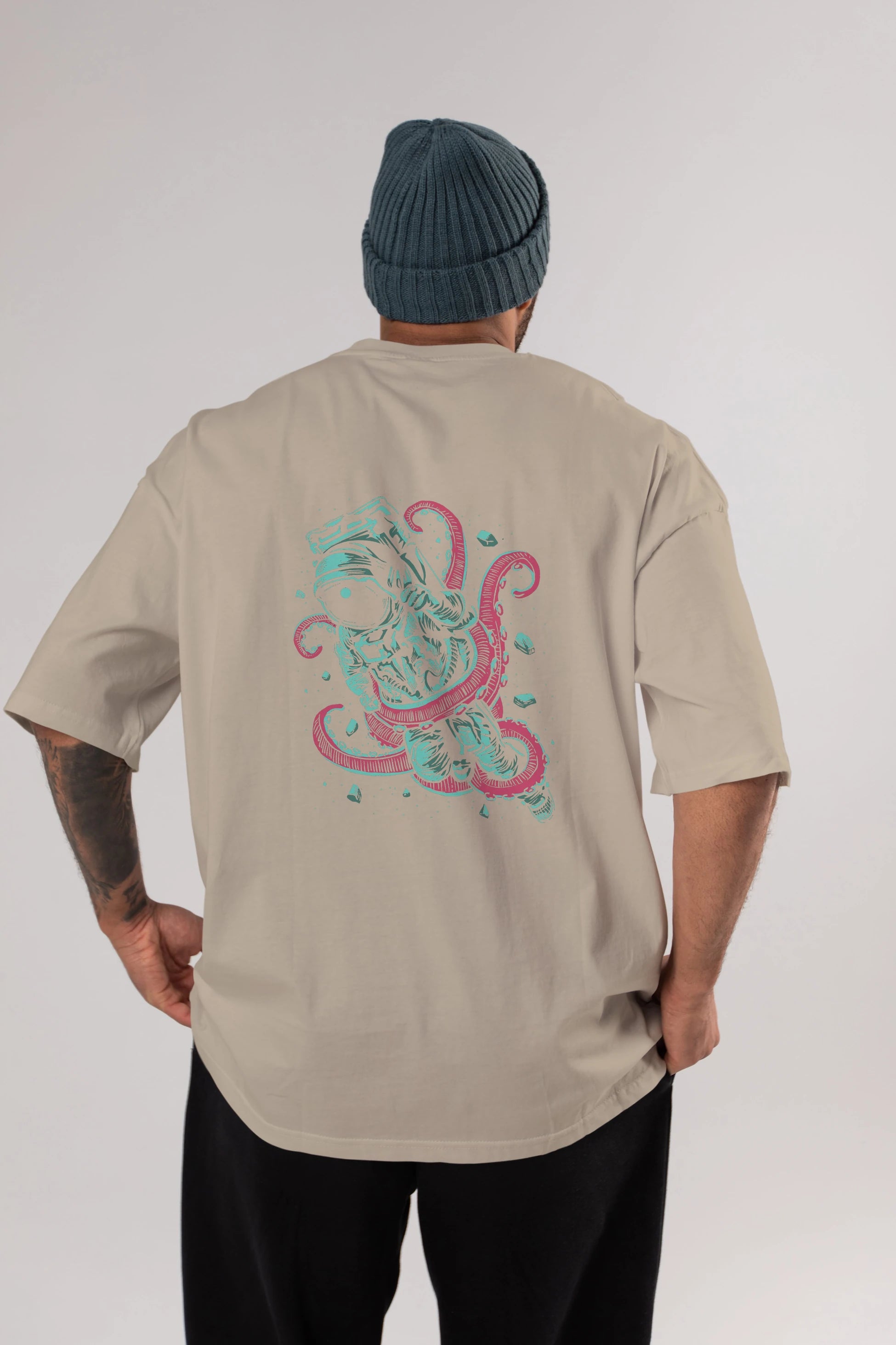 Astronaut Octopus Arka Baskılı Oversize t-shirt Erkek Kadın Unisex %100 Pamuk
