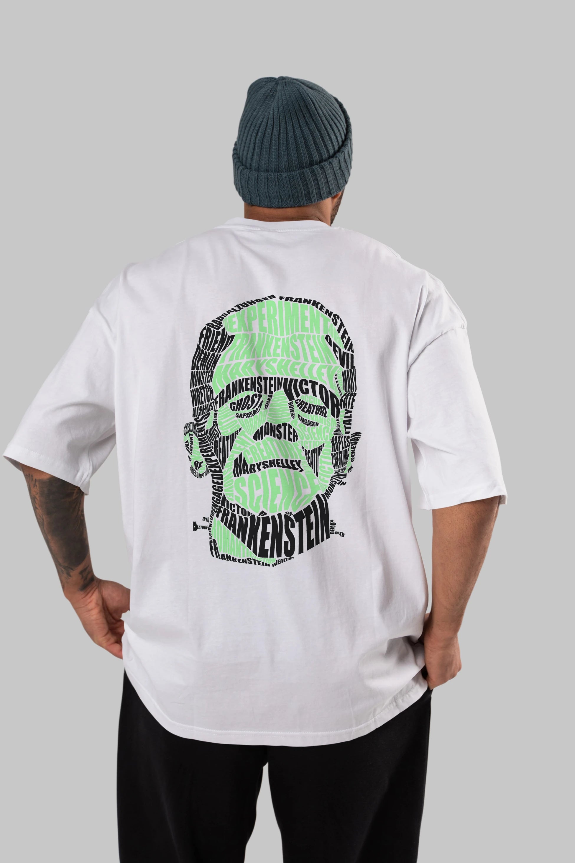 Frankenstein Calligram Arka Baskılı Oversize t-shirt %100 pamuk Erkek Kadın Unisex