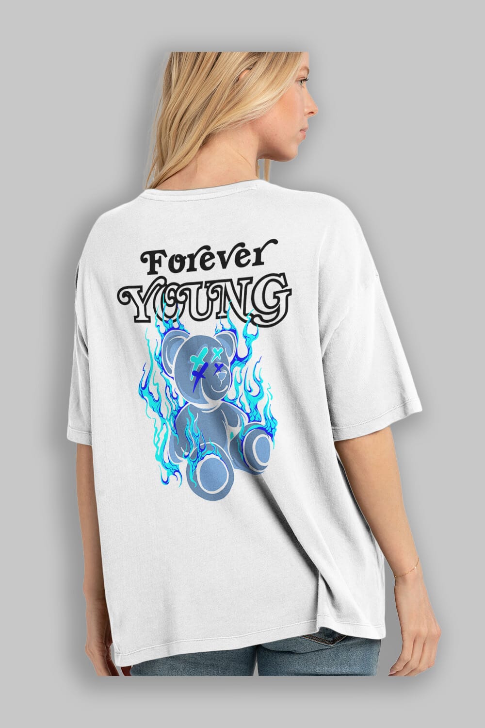 Forever Young Bear Arka Baskılı Oversize t-shirt Erkek Kadın Unisex