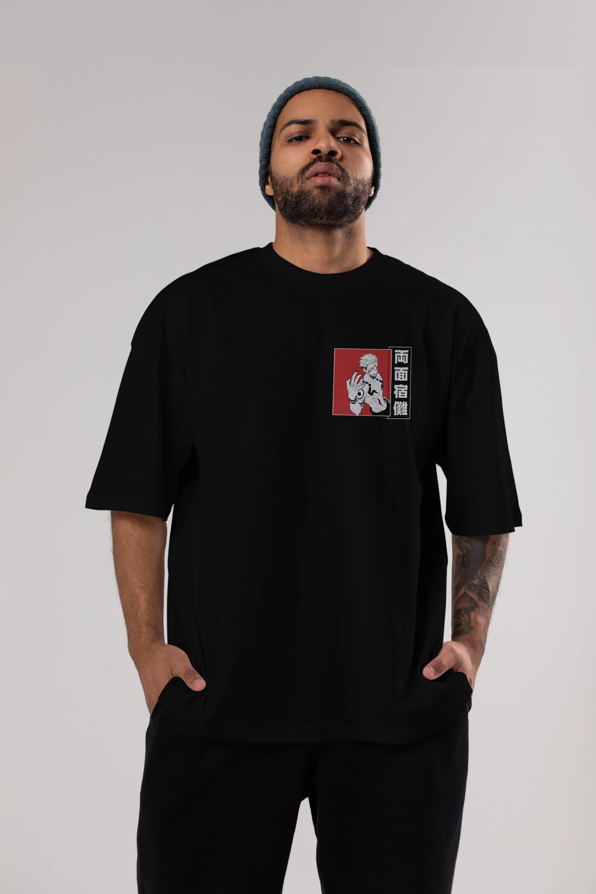 Sukuna Ryoumen 2 Ön Sol Baskılı Oversize t-shirt Erkek Kadın Unisex %100 Pamuk Bisiklet Yaka tişort