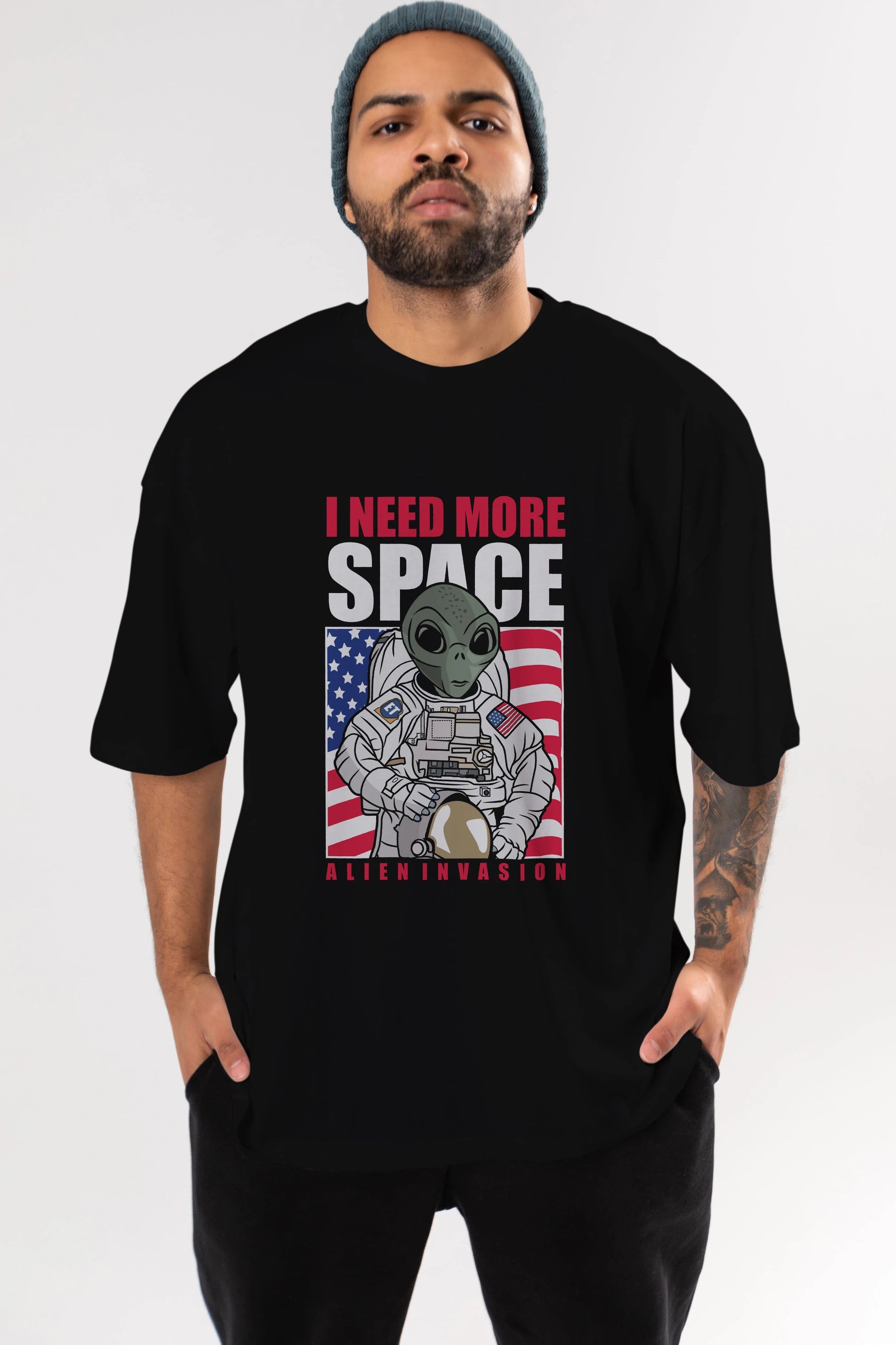 Alien Astronaut Ön Baskılı Oversize t-shirt Erkek Kadın Unisex %100 Pamuk tişort