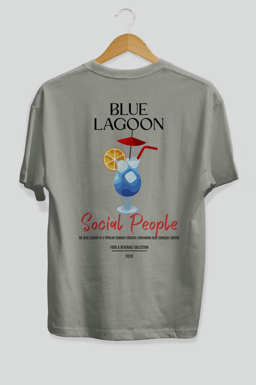 Blue Lagoon Kokteyl Serisi Baskılı Oversize t-shirt Erkek Kadın Unisex %100 Pamuk Bisiklet Yaka tişort