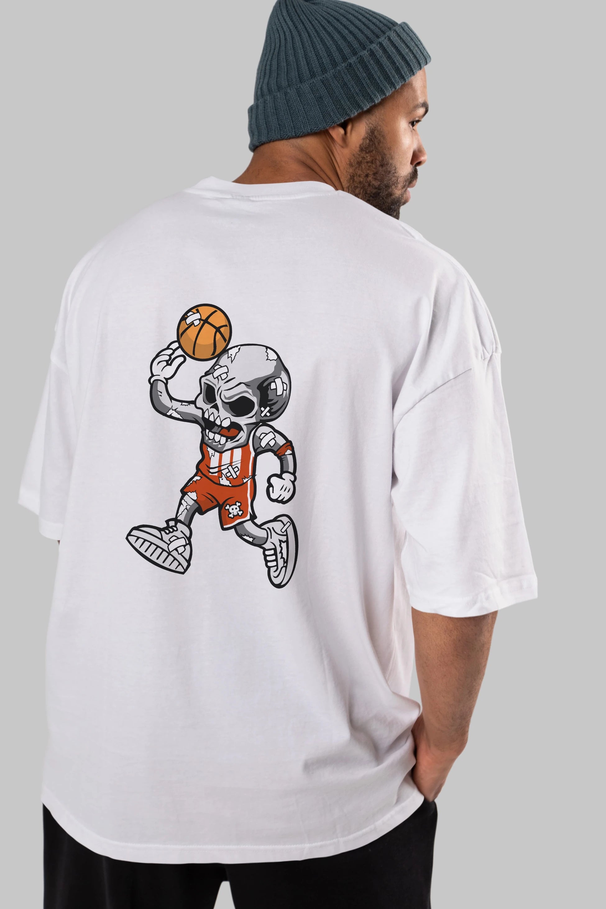 Skull Basketball Arka Baskılı Oversize t-shirt Erkek Kadın Unisex %100 Pamuk tişort
