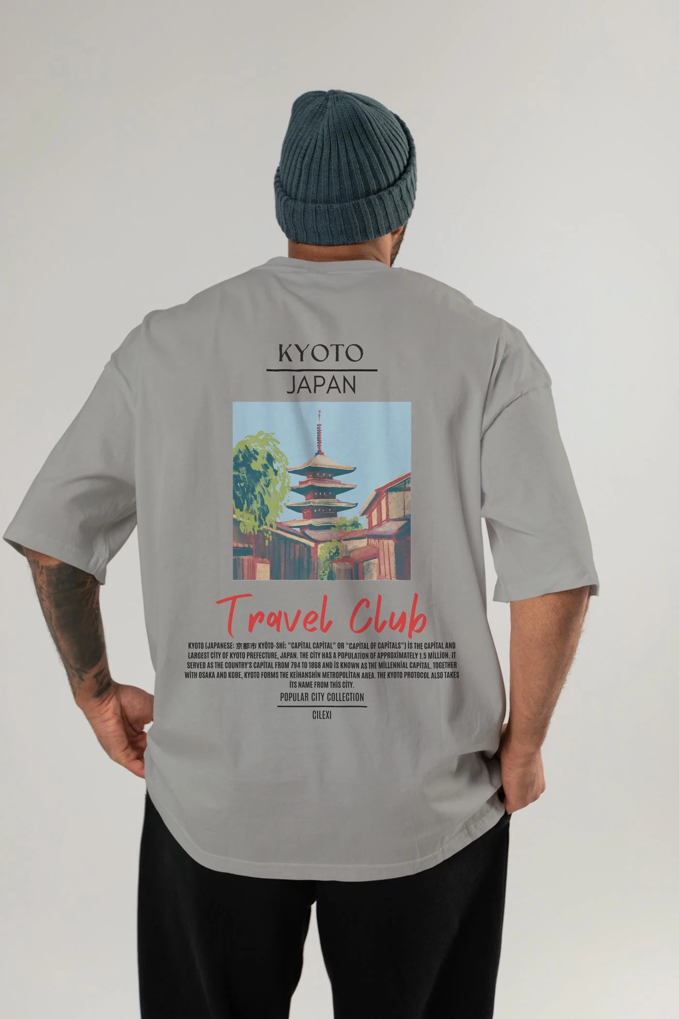 Kyoto Japan Arka Baskılı Oversize t-shirt Erkek Kadın Pamuk Bisiklet Yaka tişort