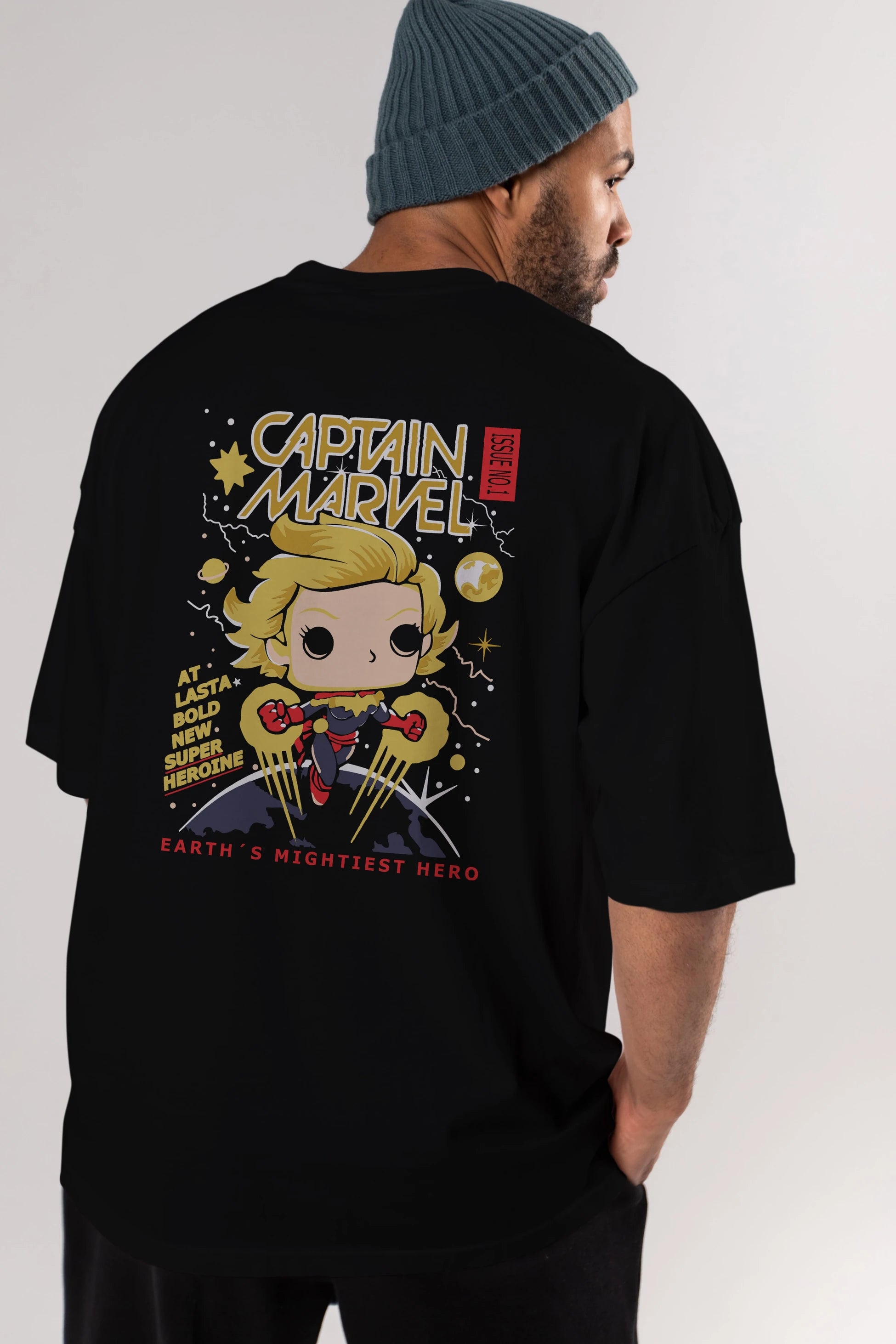 Captain Marvel Arka Baskılı Oversize t-shirt Erkek Kadın Unisex %100 Pamuk Bisiklet Yaka tişort