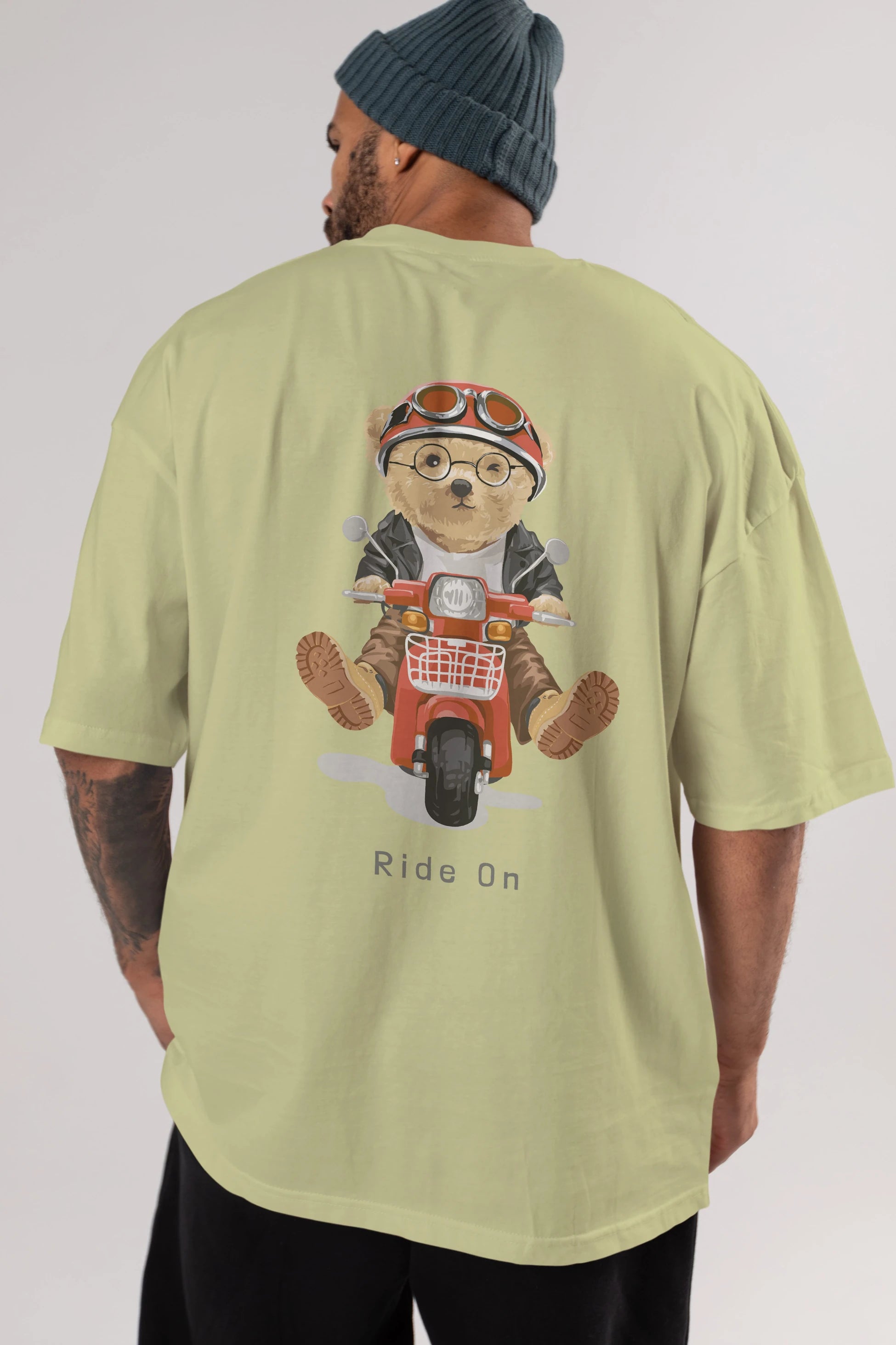Teddy Bear Ride On Arka Baskılı Oversize t-shirt Erkek Kadın Unisex %100 Pamuk