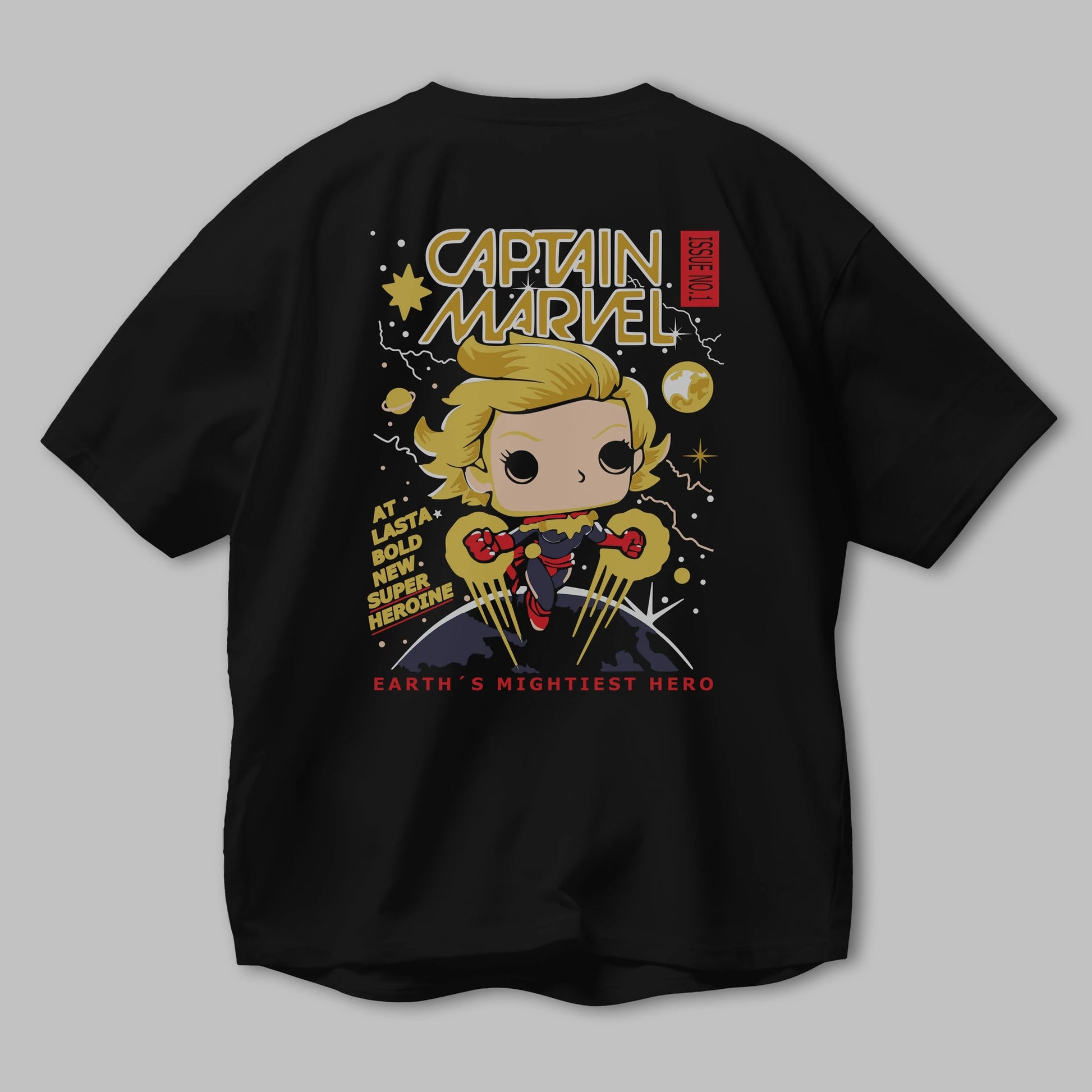 Captain Marvel Arka Baskılı Oversize t-shirt Erkek Kadın Unisex %100 Pamuk Bisiklet Yaka tişort