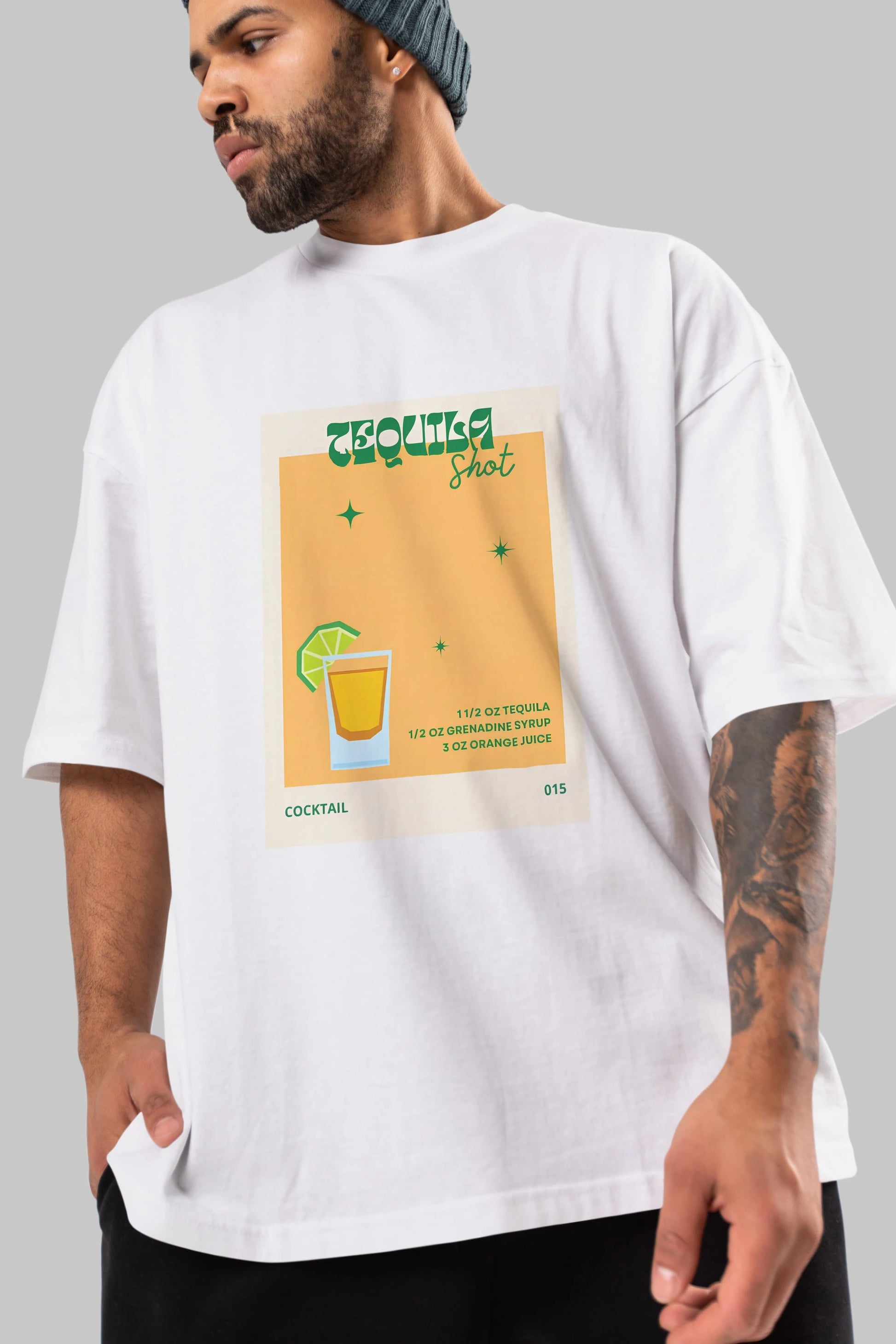 Tequila Shot 2 Ön Baskılı Oversize t-shirt Erkek Kadın Unisex %100 Pamuk Bisiklet Yaka tişort