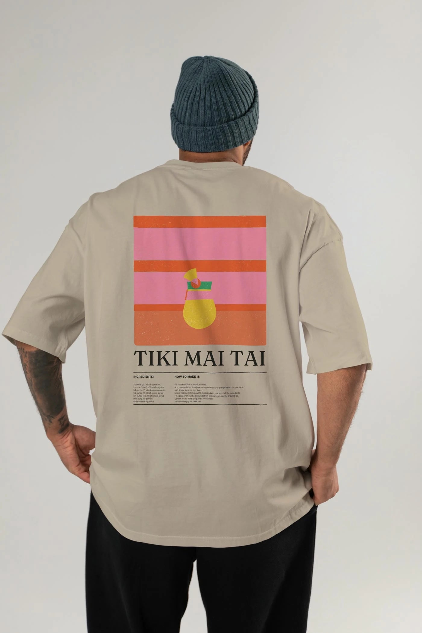 Tiki Mai Tai Kokteyl Serisi Arka Baskılı Oversize t-shirt Erkek Kadın %100 Pamuk Bisiklet Yaka tişort