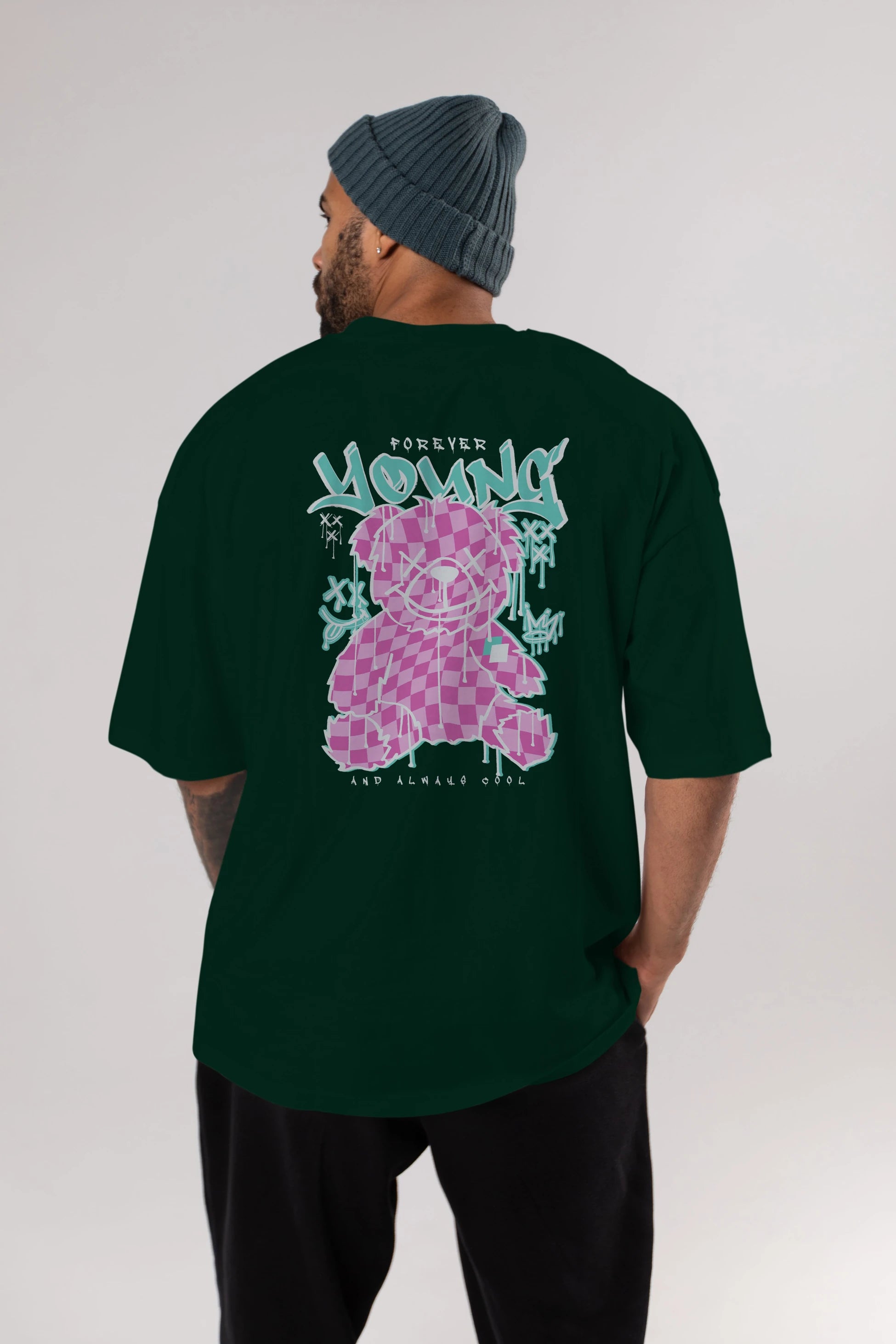 Young and Always Cool Bear Arka Baskılı Oversize t-shirt Erkek Kadın Unisex