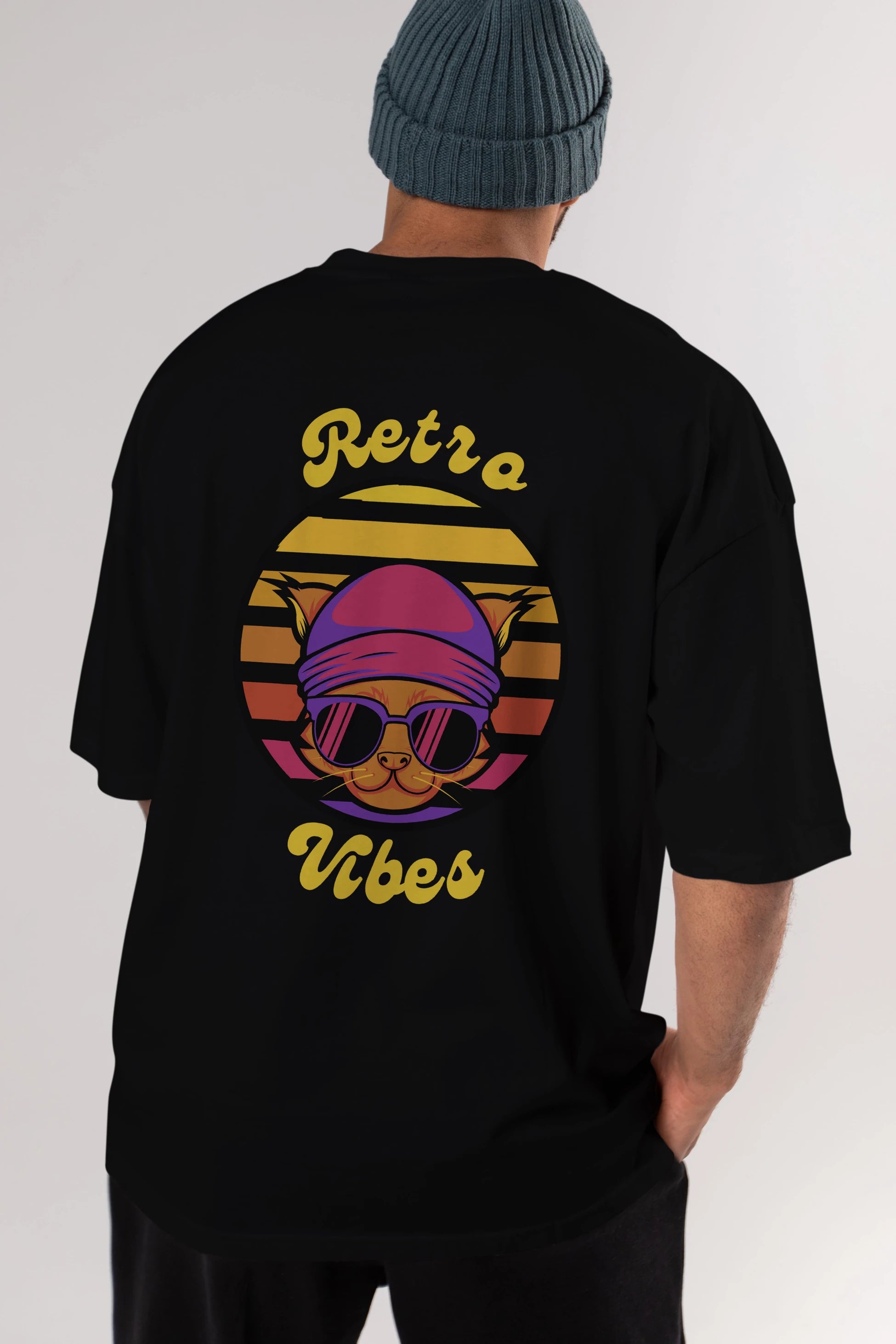 Cat Retro Vibes Arka Baskılı Oversize t-shirt Erkek Kadın Unisex