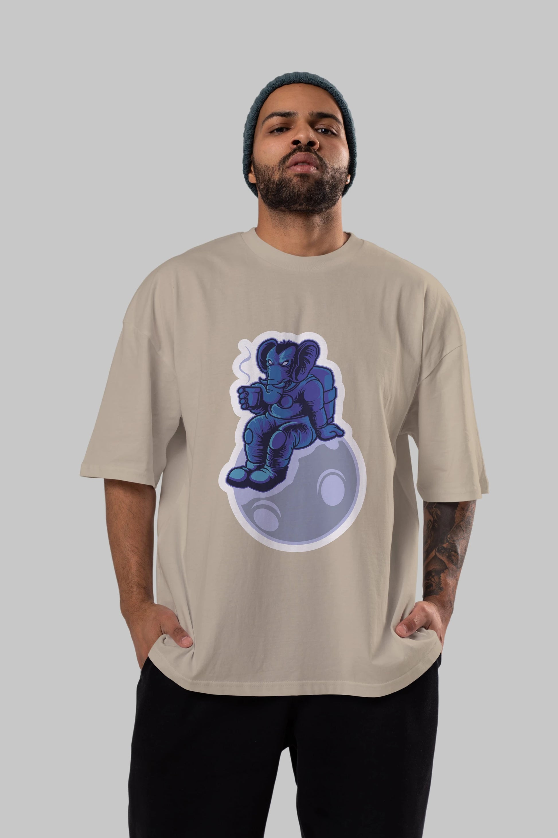 Space Elephant Drink Coffee Sticker Ön Baskılı Oversize t-shirt Erkek Kadın Unisex