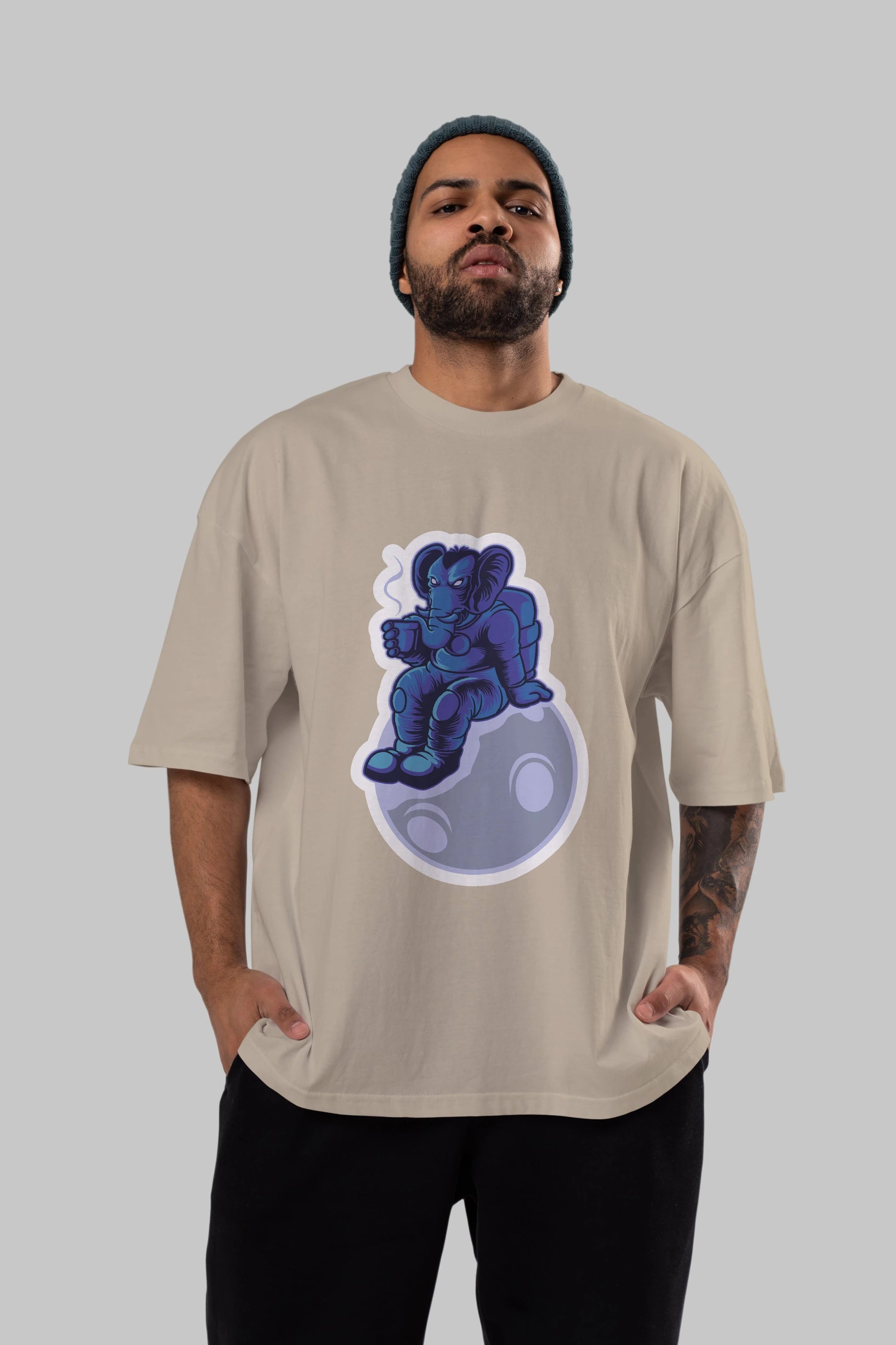 Space Elephant Drink Coffee Sticker Ön Baskılı Oversize t-shirt Erkek Kadın Unisex