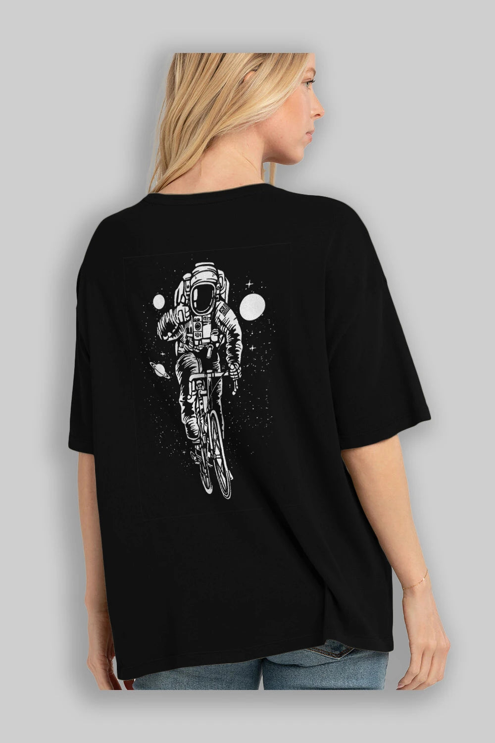 Astronaut Bicycle Arka Baskılı Oversize t-shirt Erkek Kadın Unisex %100 Pamuk