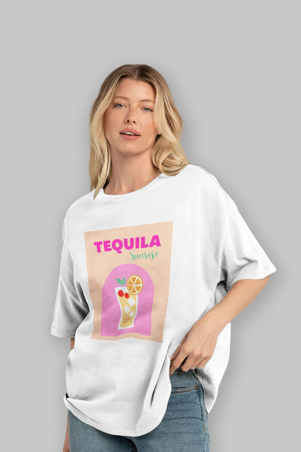 Tequila Sunrise 2 Ön Baskılı Oversize t-shirt Erkek Kadın Unisex %100 Pamuk Bisiklet Yaka tişort
