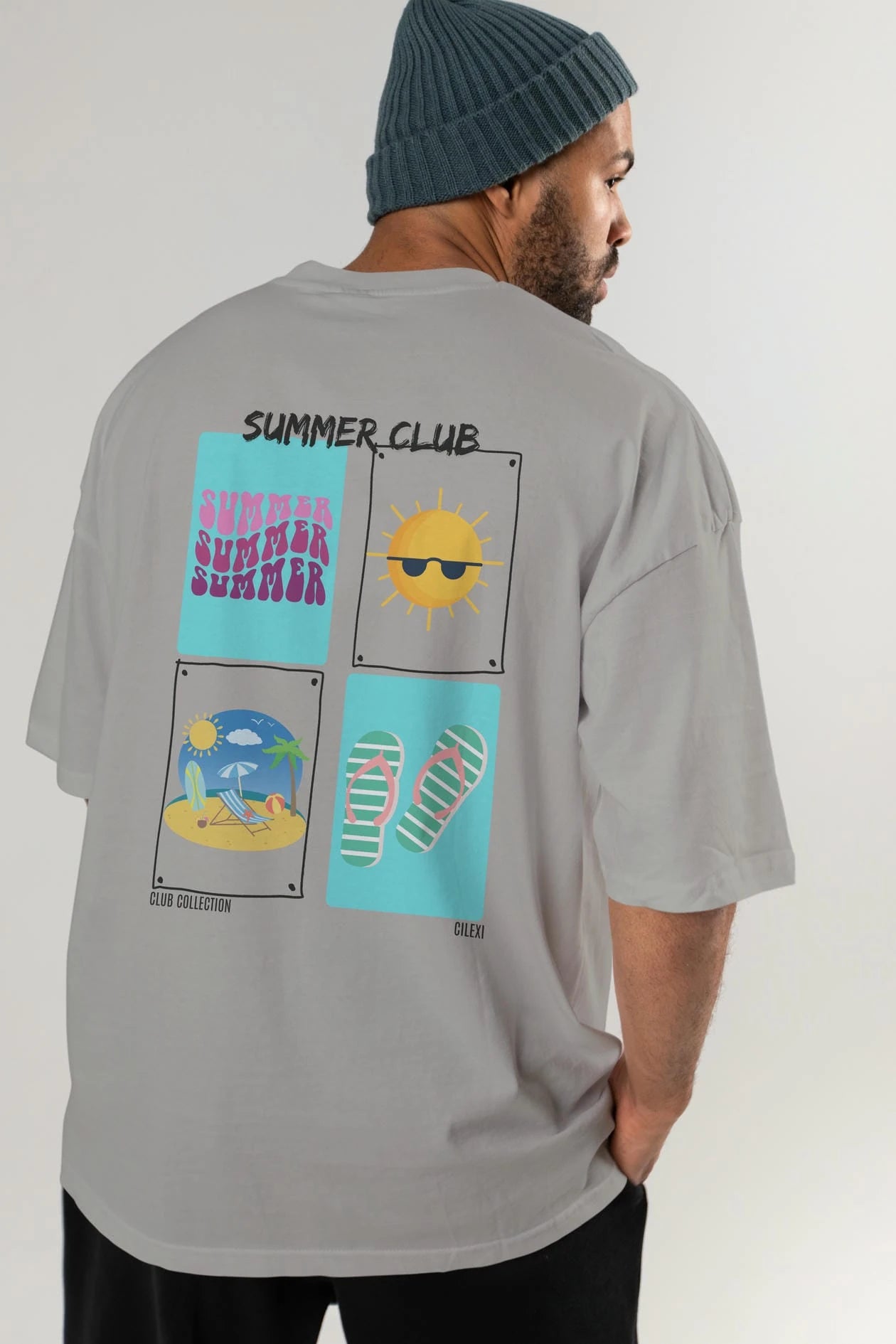 Summer Club Arka Baskılı Oversize t-shirt Erkek Kadın %100 Pamuk Bisiklet Yaka tişort