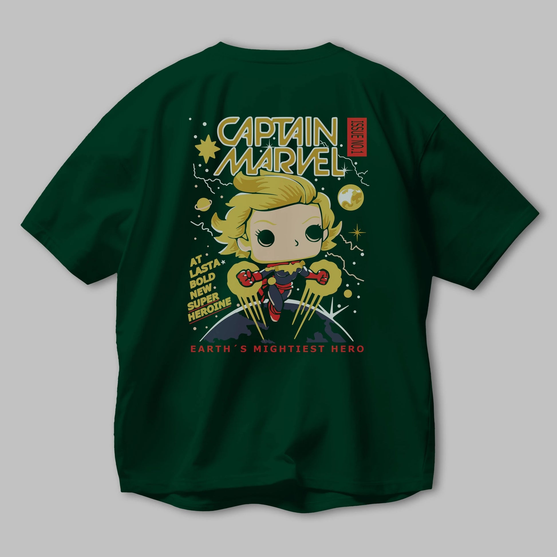 Captain Marvel Arka Baskılı Oversize t-shirt Erkek Kadın Unisex %100 Pamuk Bisiklet Yaka tişort