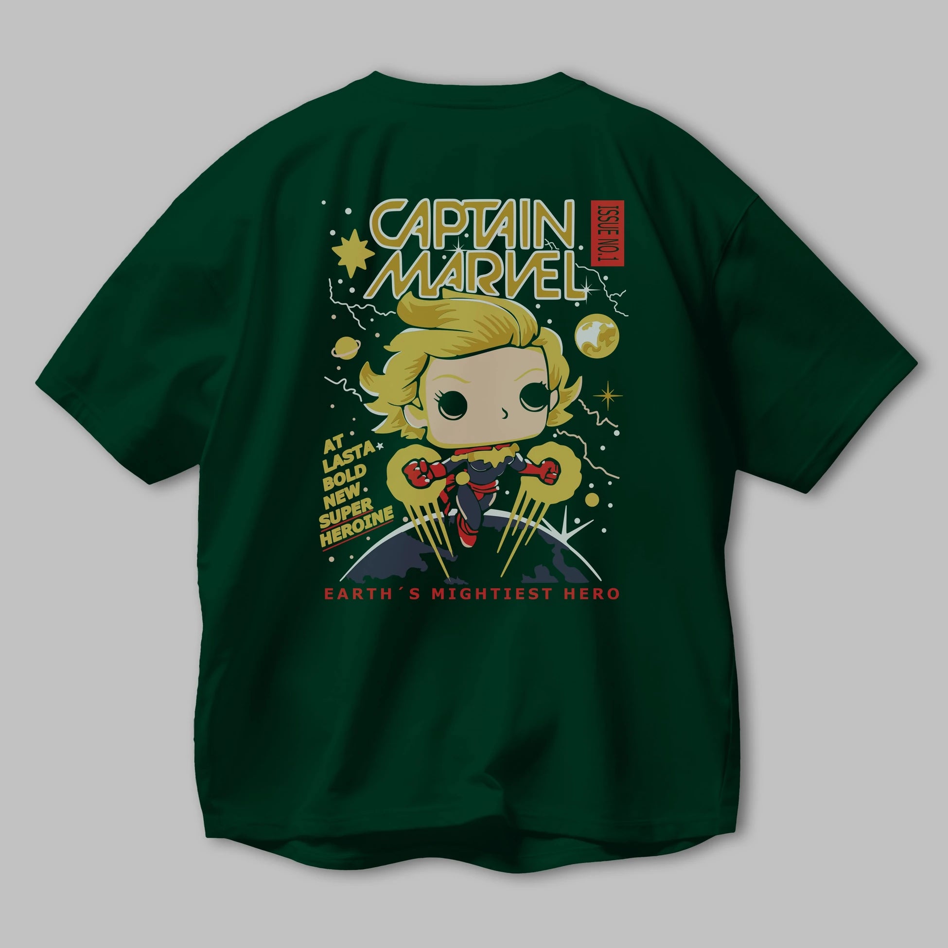 Captain Marvel Arka Baskılı Oversize t-shirt Erkek Kadın Unisex %100 Pamuk Bisiklet Yaka tişort