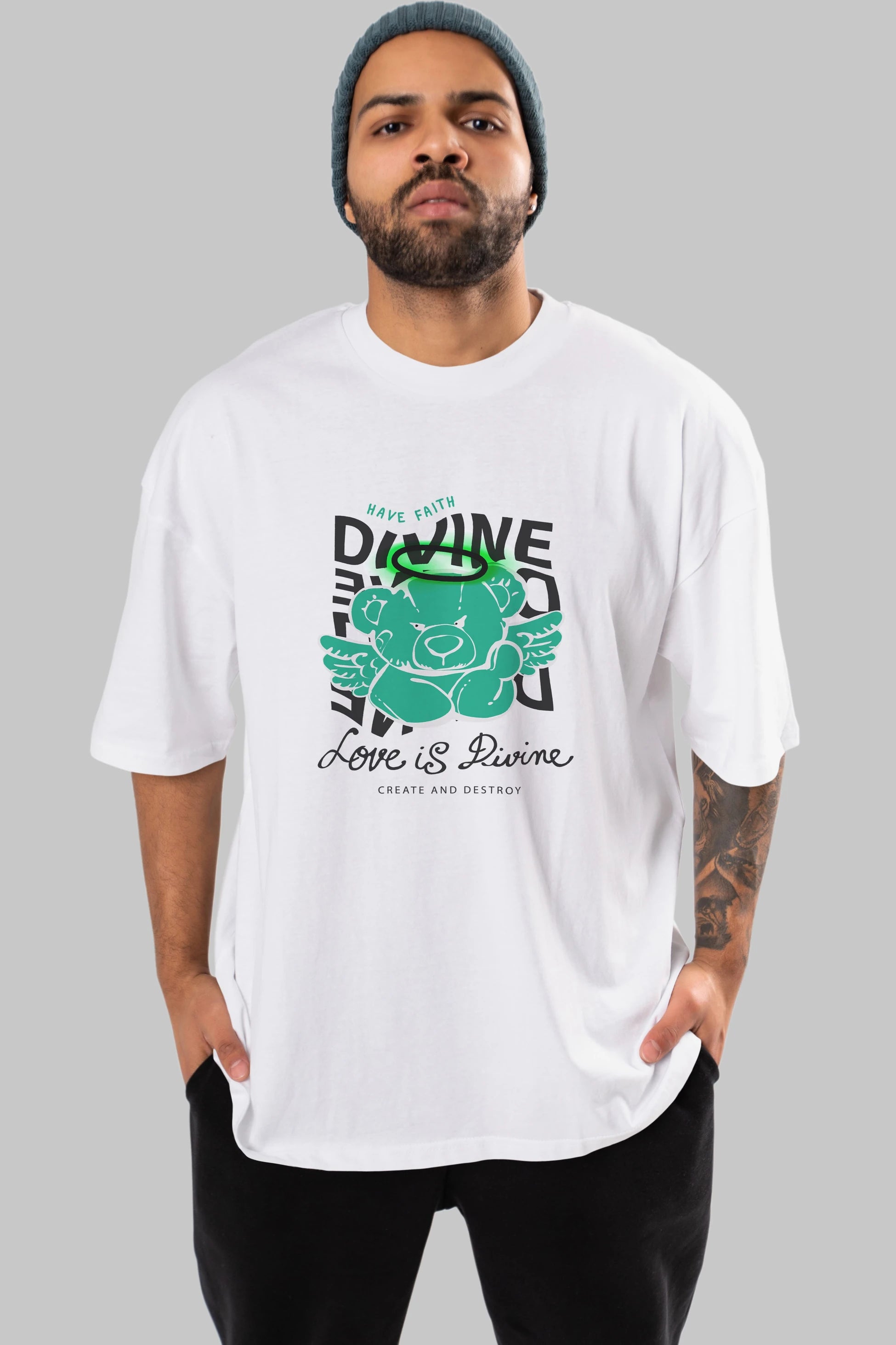 Love is Divine Bear Ön Baskılı Oversize t-shirt Erkek Kadın Unisex