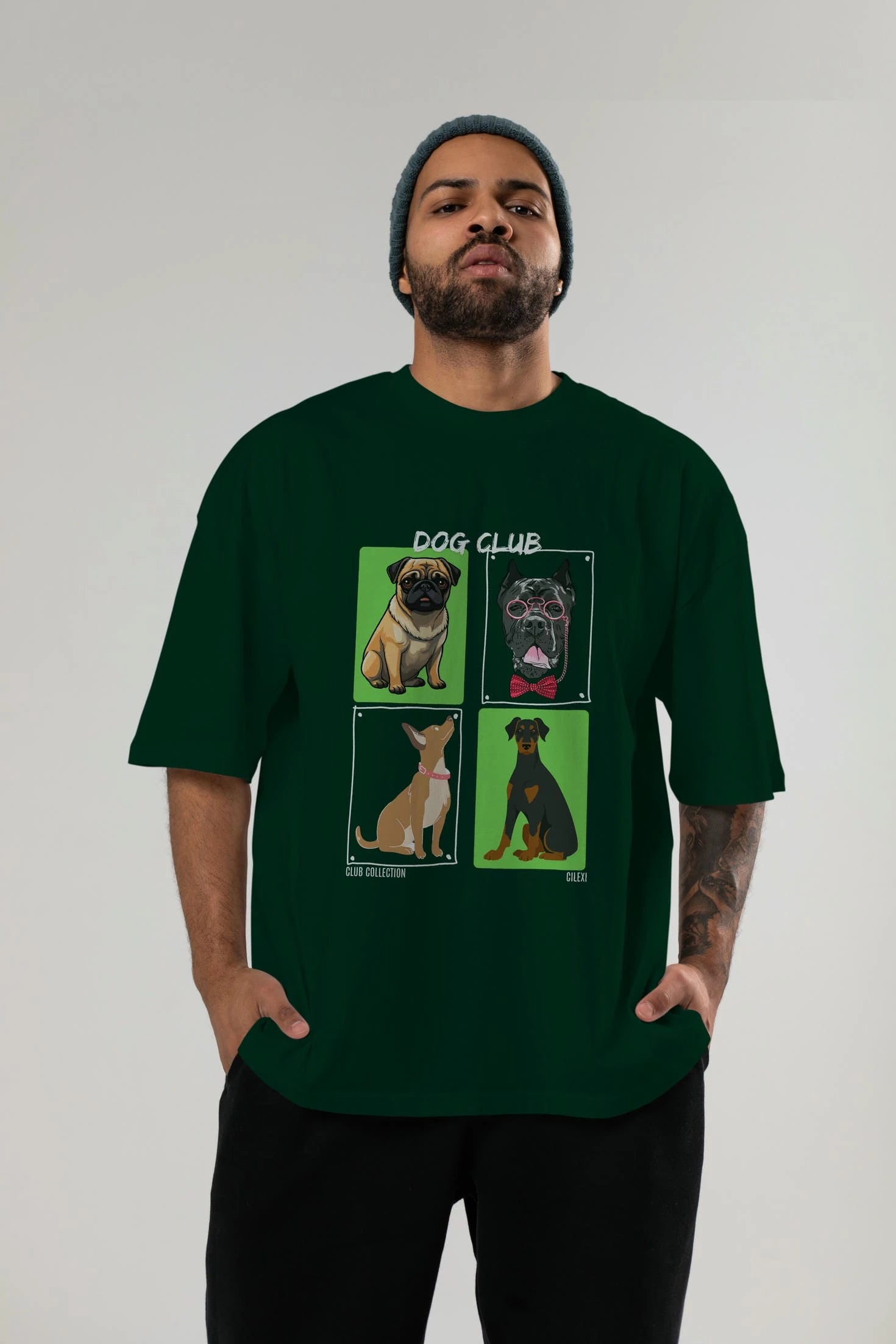 Dog Club ön Baskılı Oversize t-shirt Erkek Kadın %100 Pamuk Bisiklet Yaka tişort