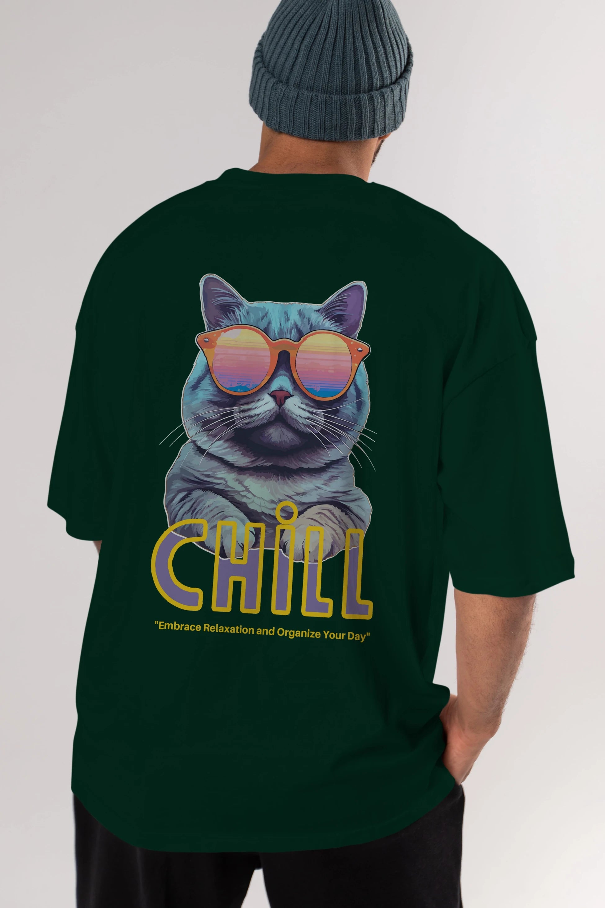 Chill Cat Arka Baskılı Oversize t-shirt Erkek Kadın Unisex