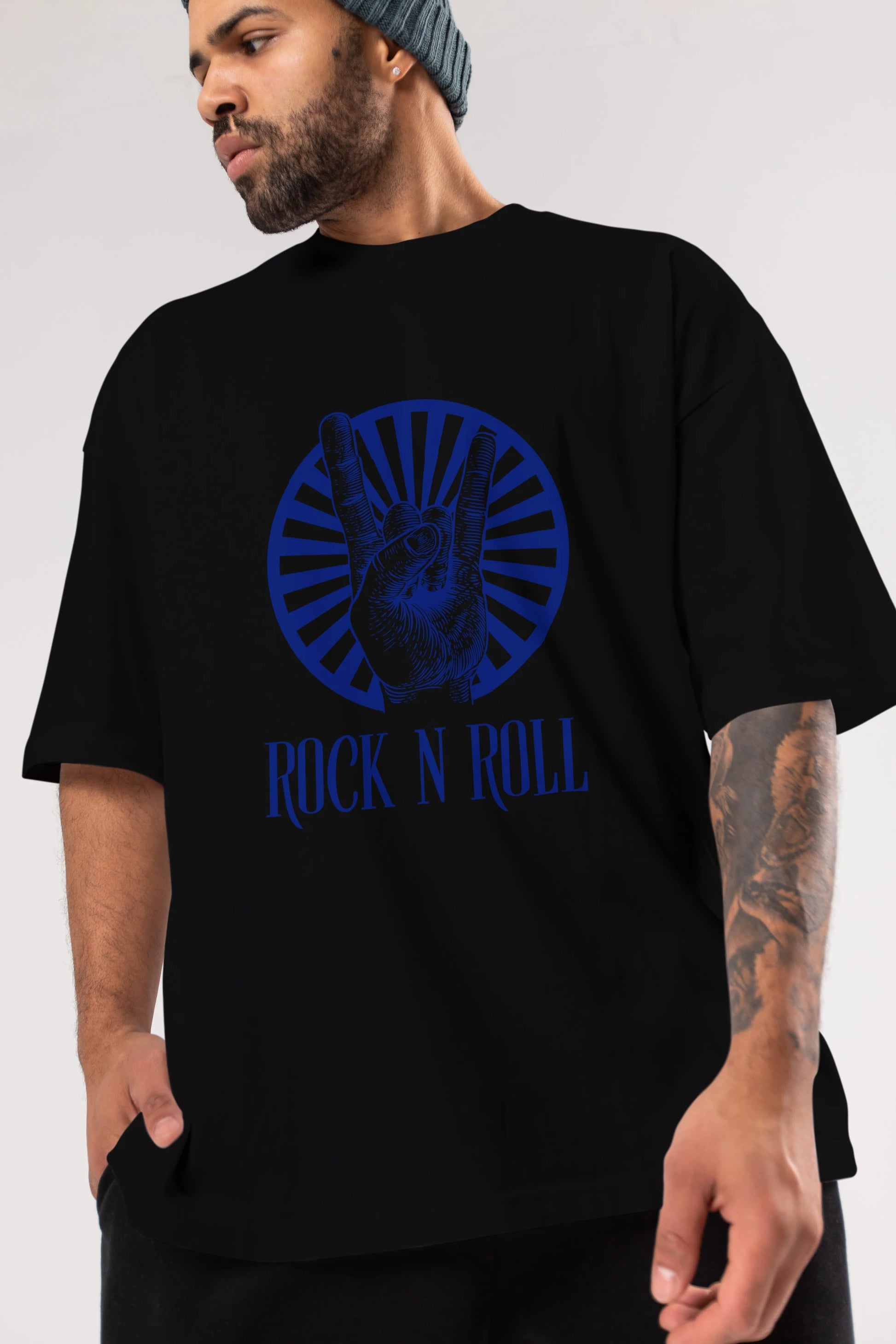 Rock N Roll Yazılı Ön Baskılı Oversize t-shirt Erkek Kadın Unisex