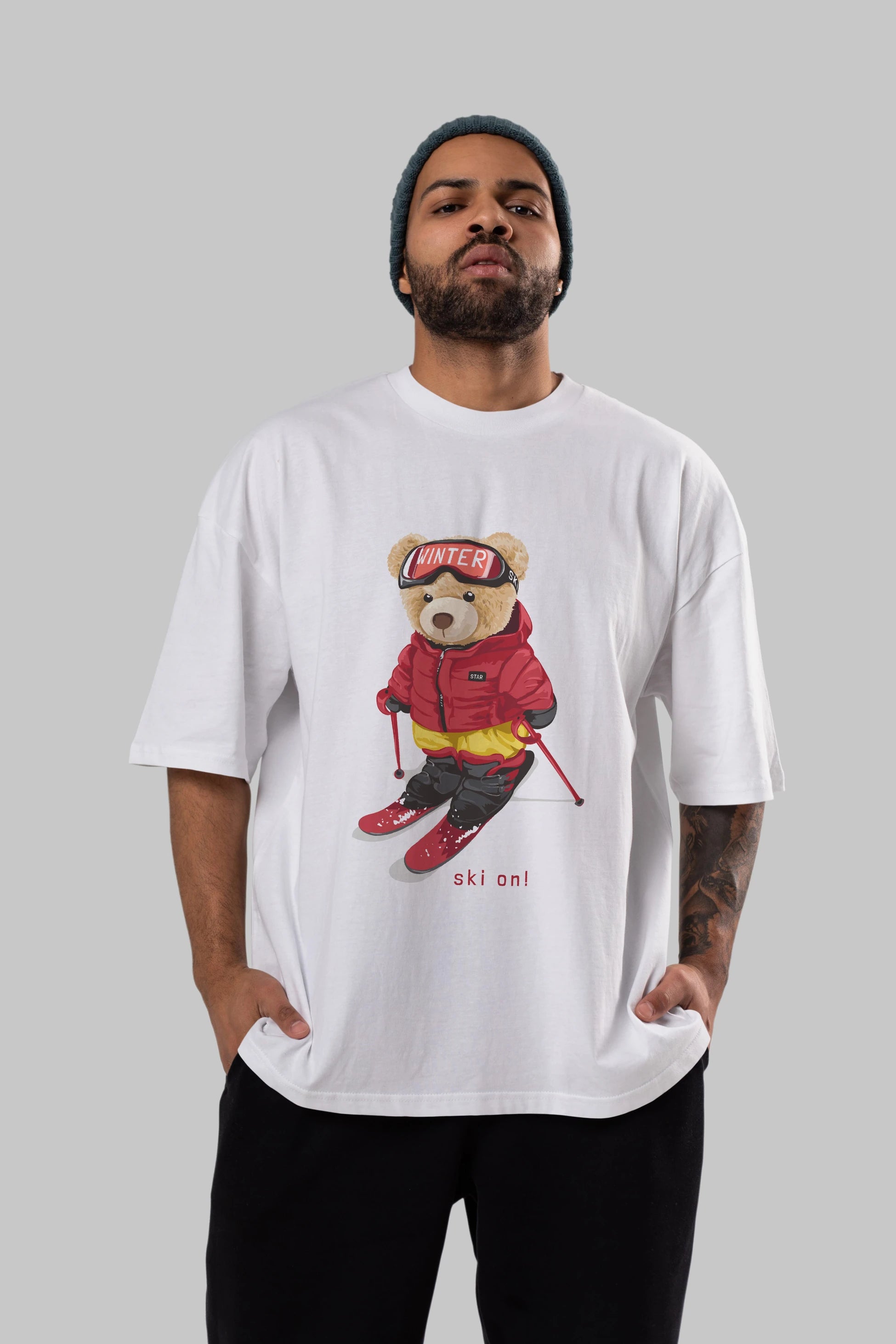 Teddy Bear Ski On Ön Baskılı Oversize t-shirt Erkek Kadın Unisex %100 Pamuk