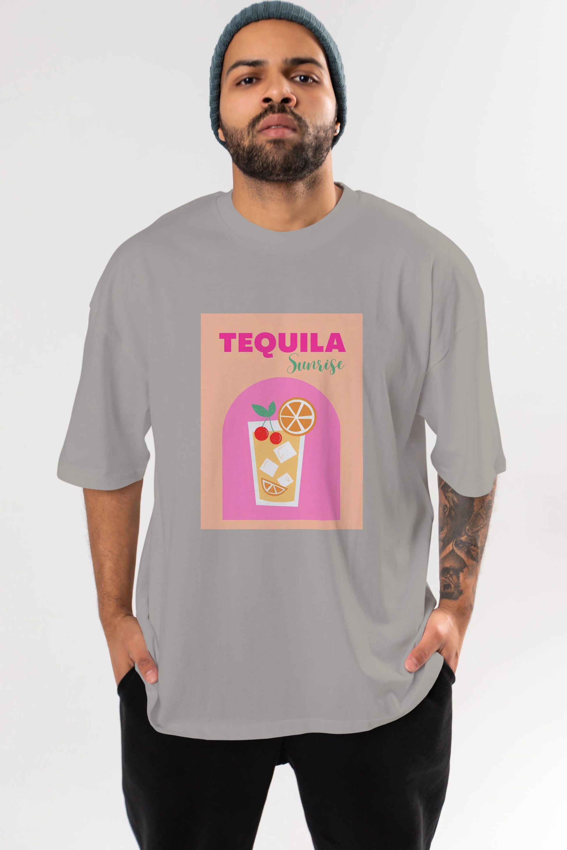 Tequila Sunrise 2 Ön Baskılı Oversize t-shirt Erkek Kadın Unisex %100 Pamuk Bisiklet Yaka tişort