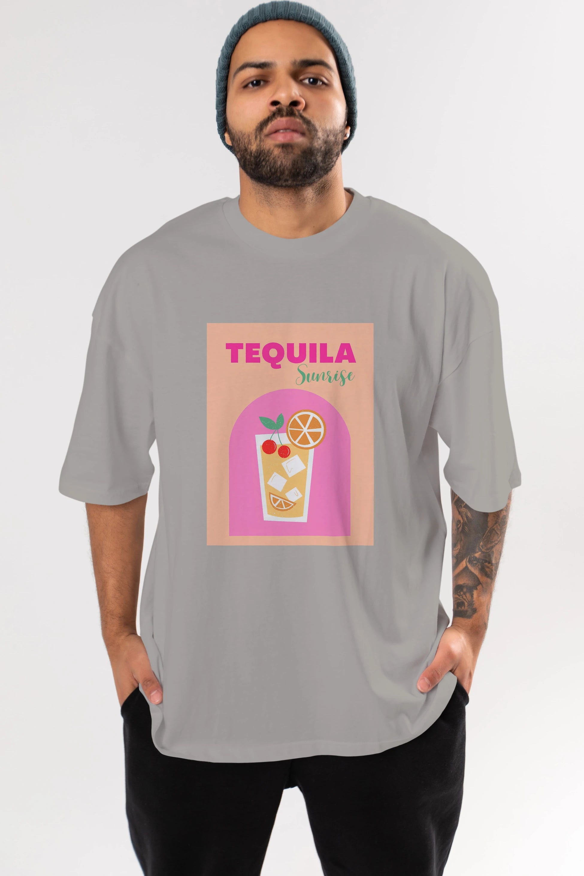 Tequila Sunrise 2 Ön Baskılı Oversize t-shirt Erkek Kadın Unisex %100 Pamuk Bisiklet Yaka tişort