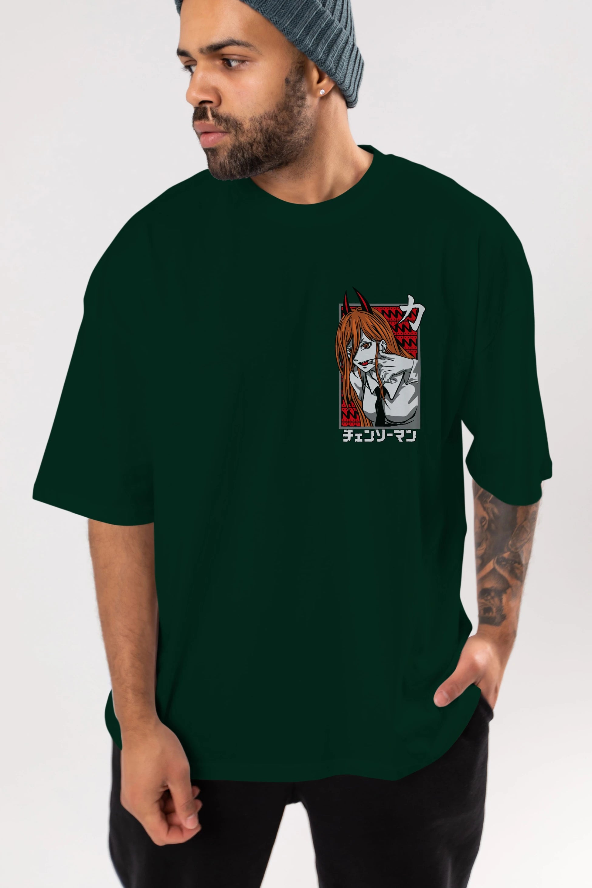 CHAINSAWMAN POWER Ön Sol Baskılı Oversize t-shirt Erkek Kadın Unisex %100 Pamuk Bisiklet Yaka tişort