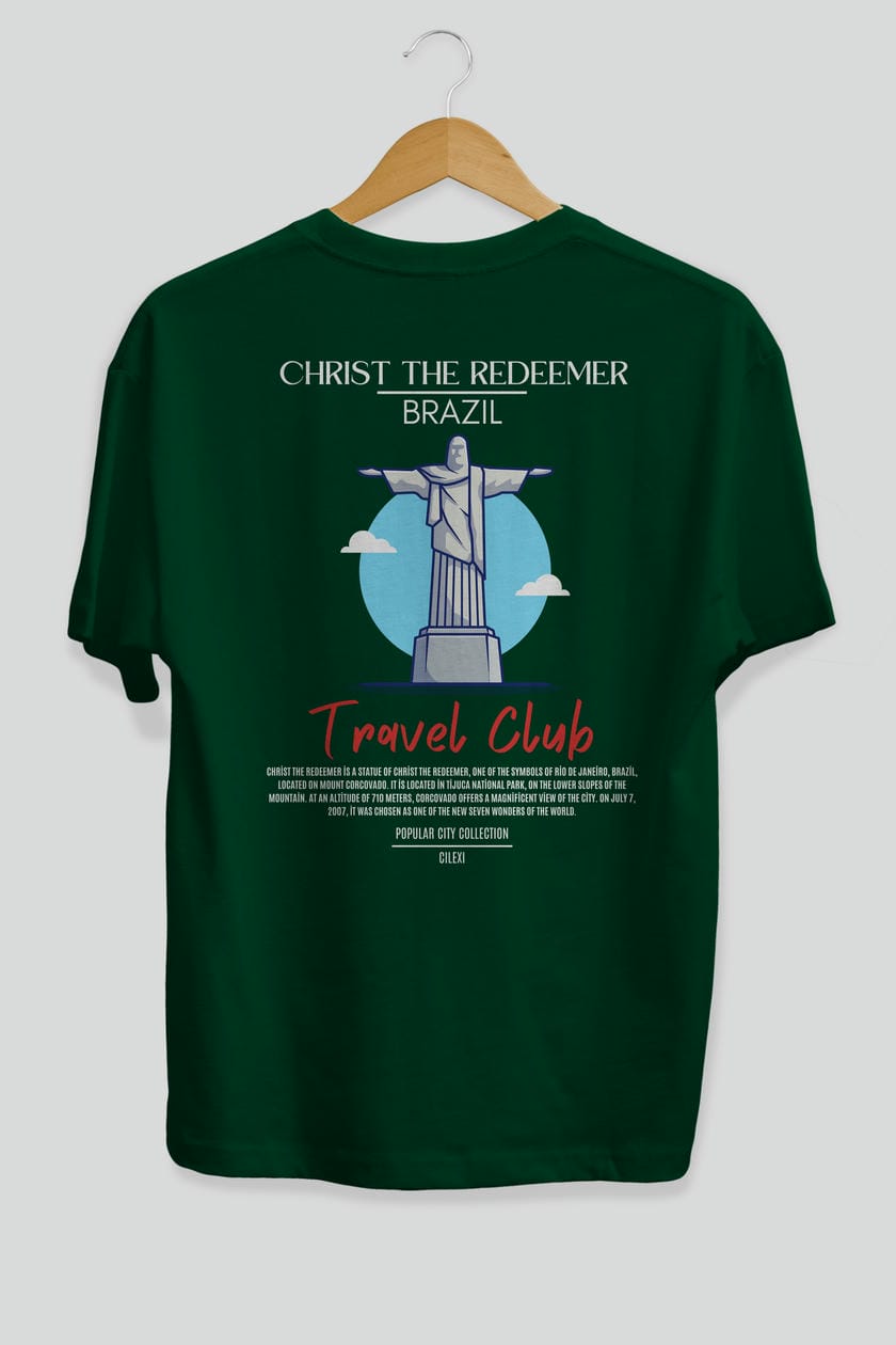 Christ The Redeemer Brazil Arka Baskılı Oversize t-shirt Erkek Kadın Pamuk Bisiklet Yaka tişort