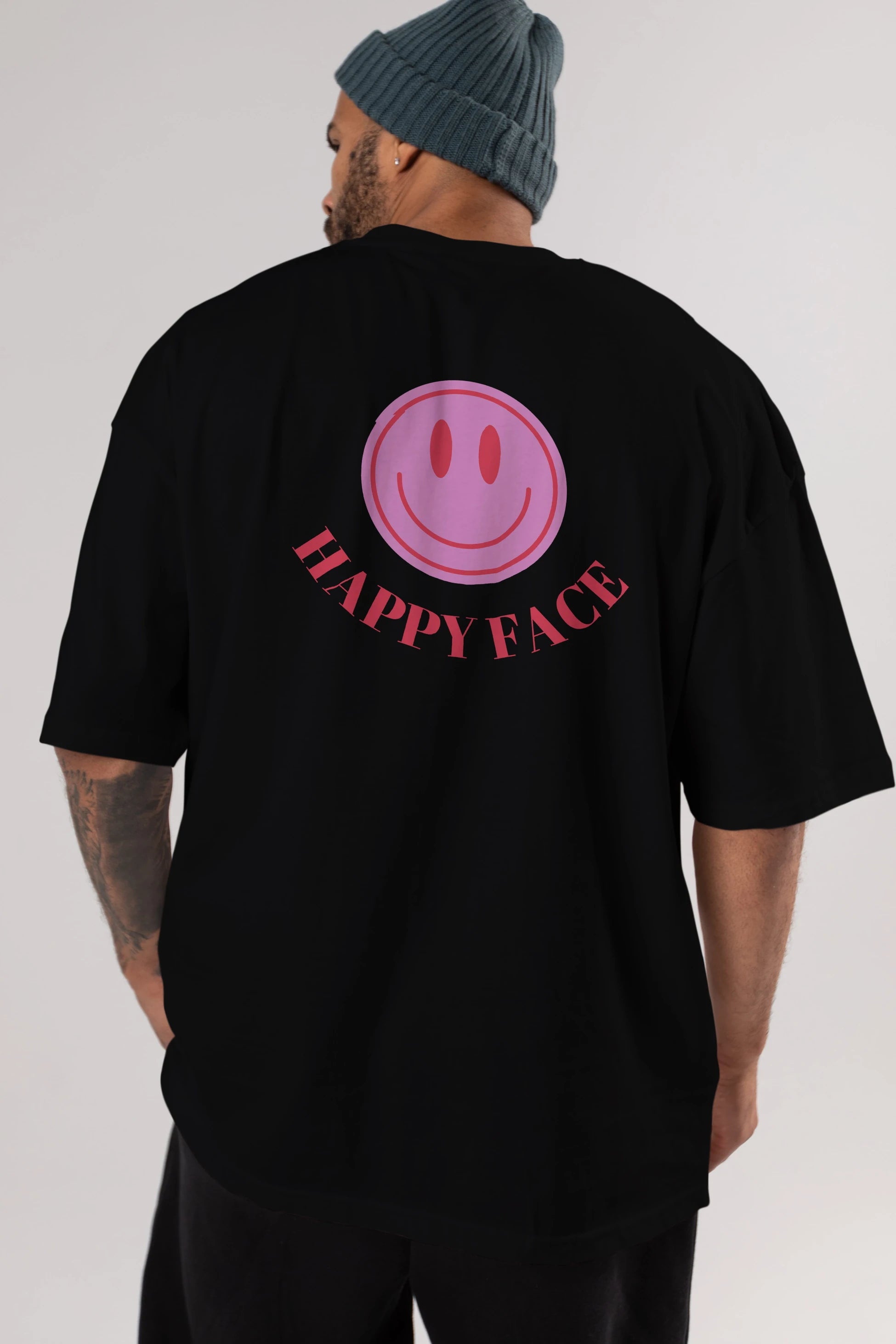 Happy Face Yazılı Arka Baskılı Oversize t-shirt Erkek Kadın Unisex