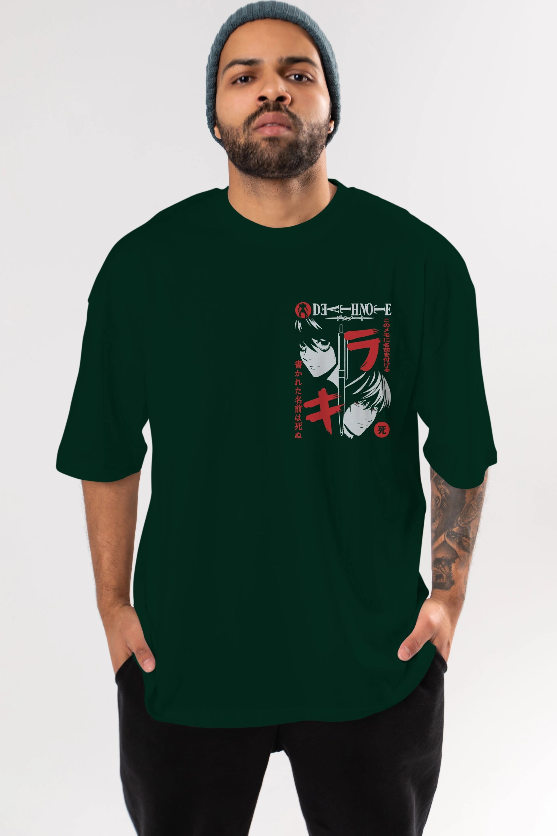 DEATHNOTE L vs KIRA Ön Sol Baskılı Oversize t-shirt Erkek Kadın Unisex %100 Pamuk Bisiklet Yaka tişort