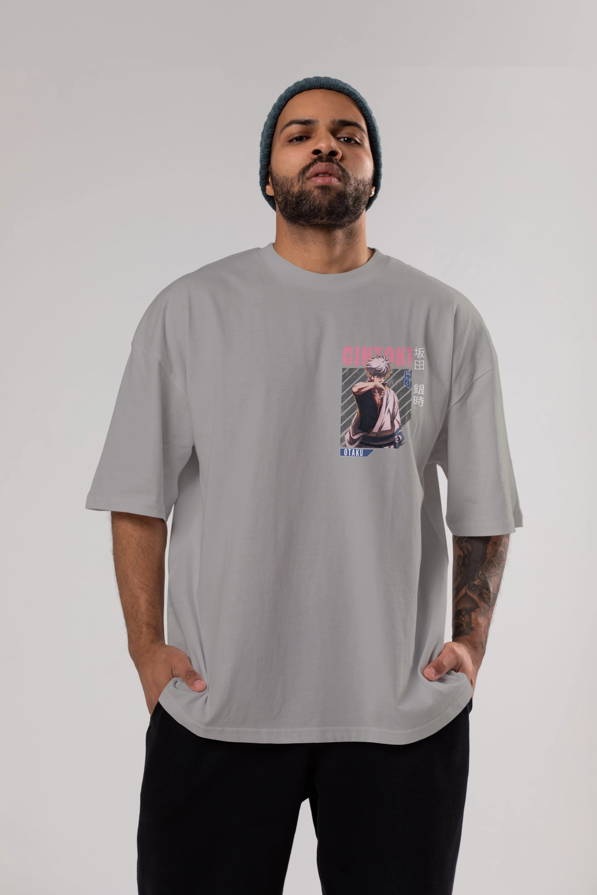Gintoki Sakata Ön Sol Baskılı Oversize t-shirt Erkek Kadın Unisex %100 Pamuk Bisiklet Yaka tişort