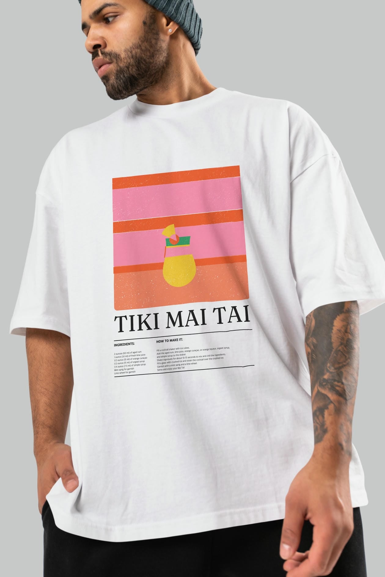 Tiki Mai Tai Kokteyl Ön Baskılı Oversize t-shirt Erkek Kadın %100 Pamuk Bisiklet Yaka tişort