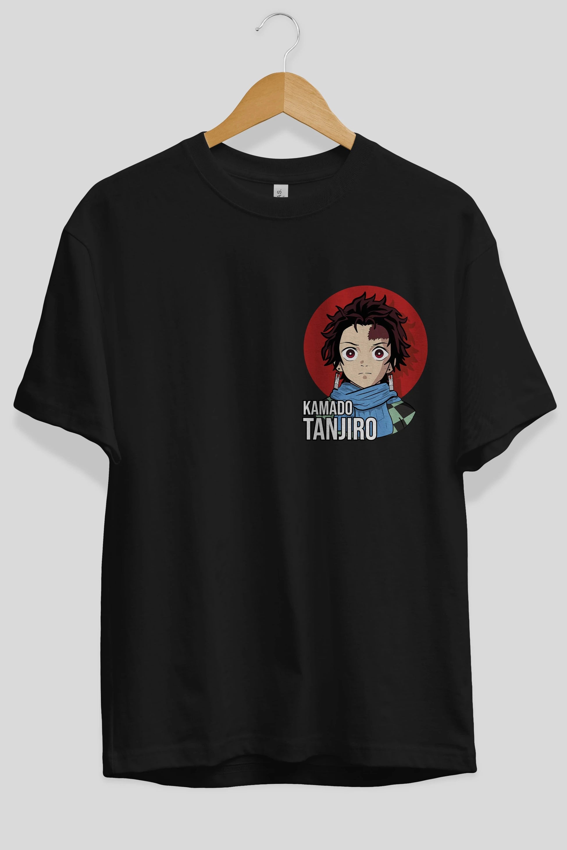 TANJIRO KAMADO Ön Sol Baskılı Oversize t-shirt Erkek Kadın Unisex %100 Pamuk Bisiklet Yaka tişort