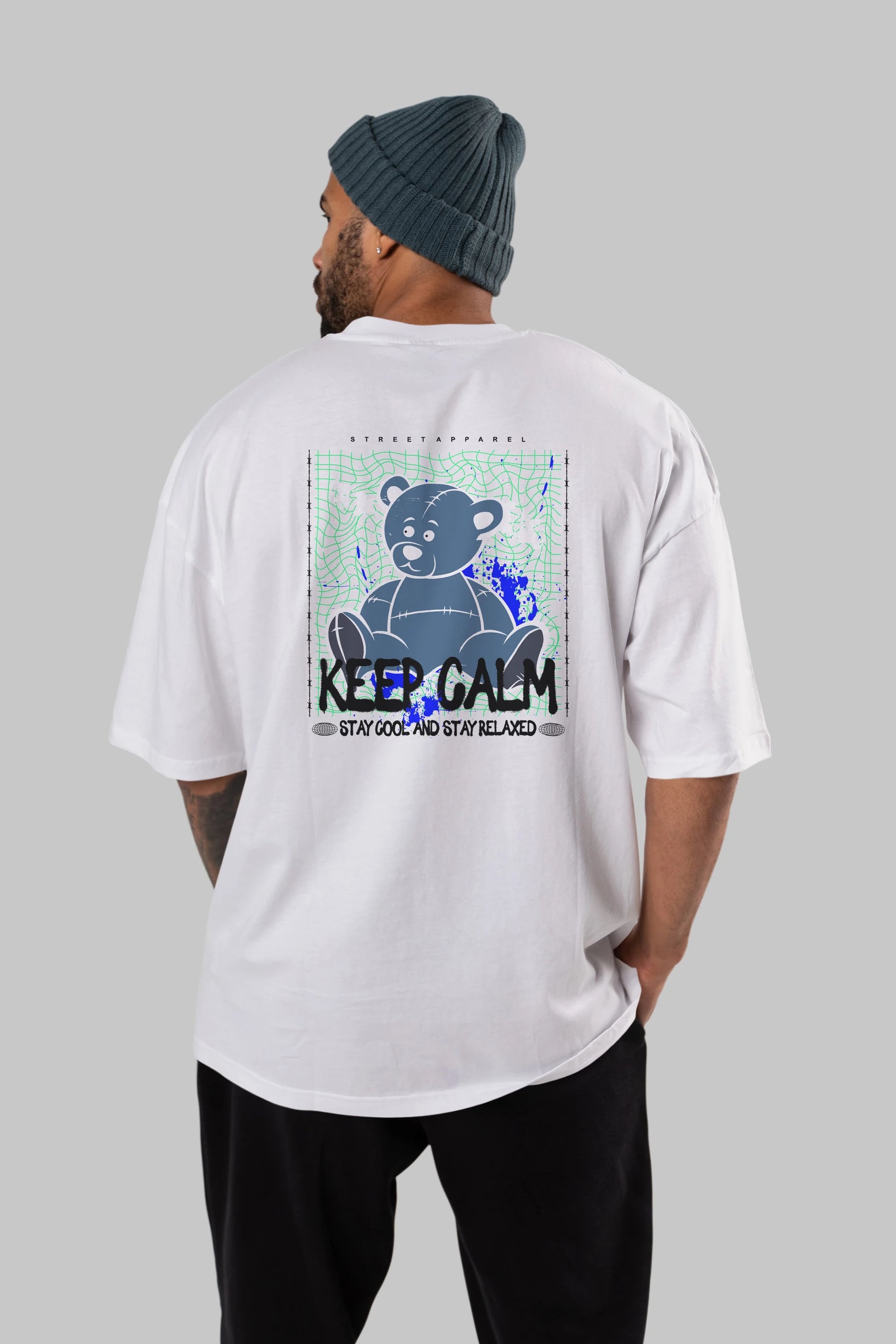 Keep Calm Bear Arka Baskılı Oversize t-shirt Erkek Kadın Unisex