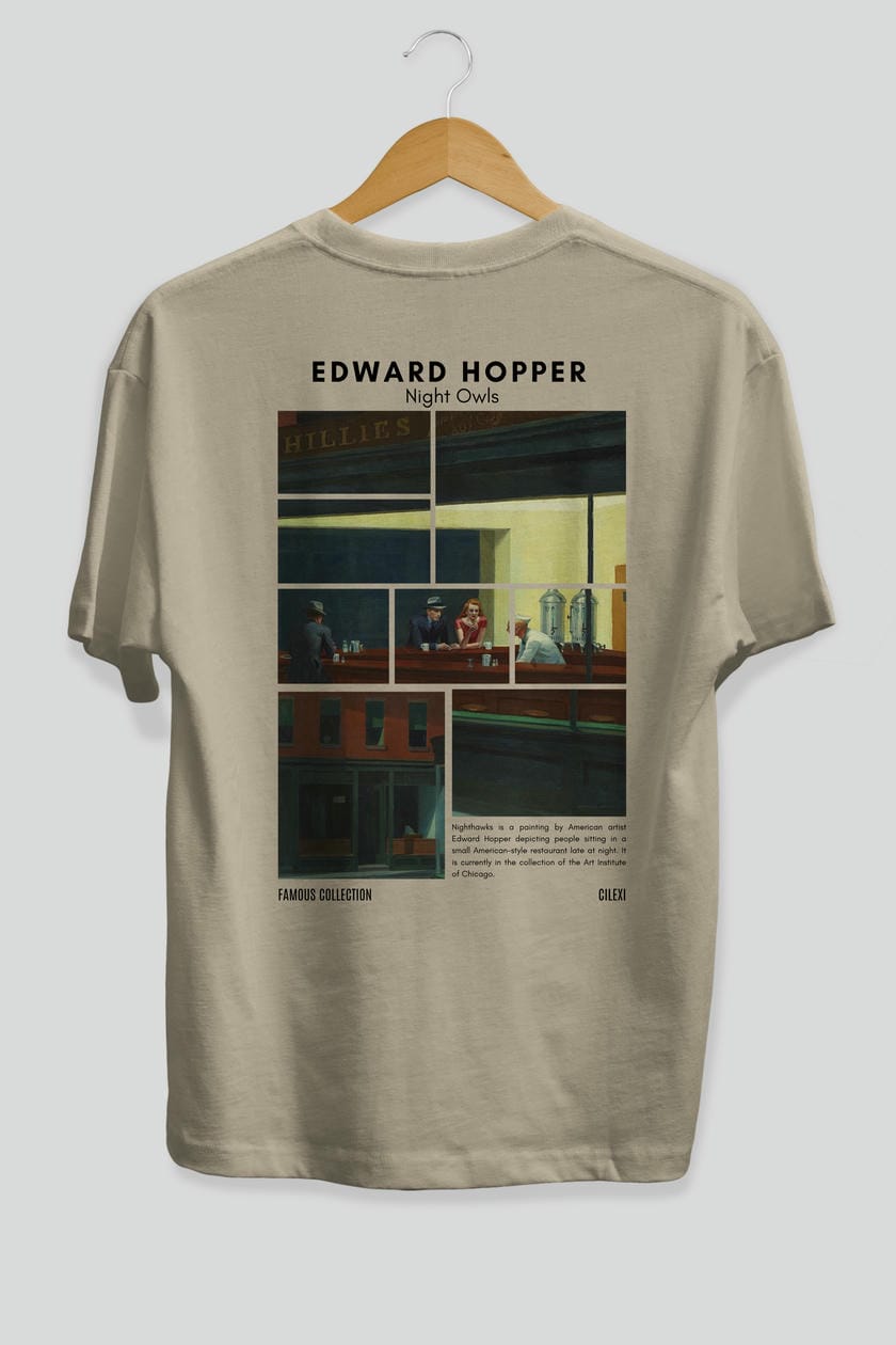 Edward Hopper Night Owls Arka Baskılı Oversize t-shirt Erkek Kadın Bisiklet Yaka Pamuk tişort