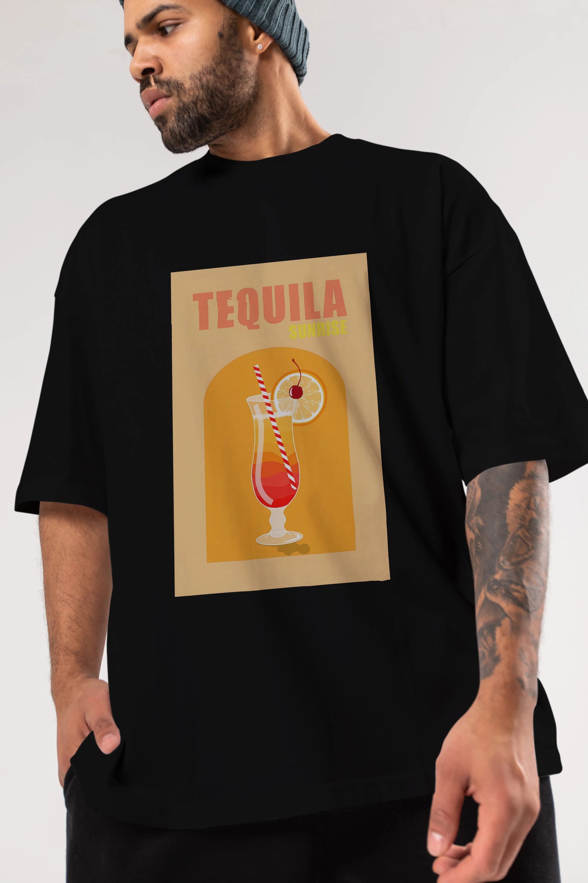 Tequila Sunrise Ön Baskılı Oversize t-shirt Erkek Kadın Unisex %100 Pamuk Bisiklet Yaka tişort