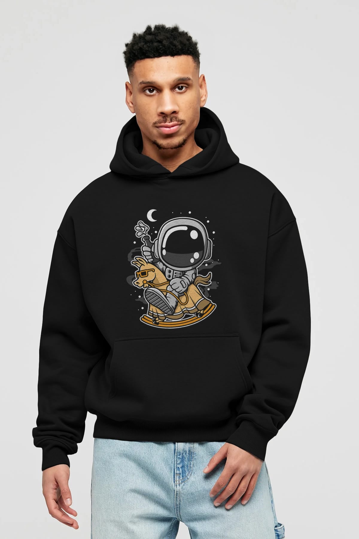 Astronaut RidingToy Horse Ön Baskılı Hoodie Oversize Kapüşonlu Sweatshirt Erkek Kadın Unisex